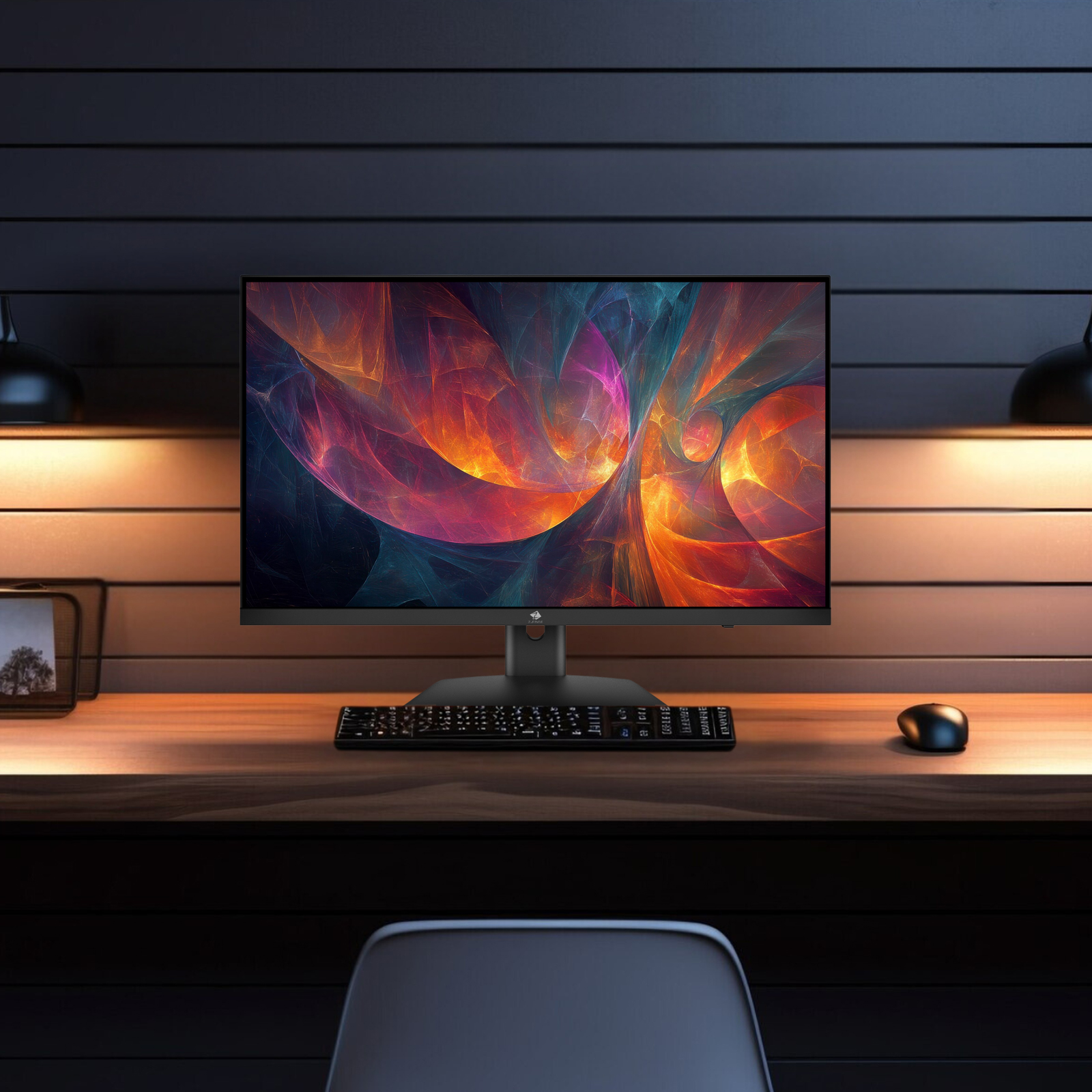 Un escritorio moderno con monitor, teclado y ratón. El monitor muestra un patrón abstracto colorido.