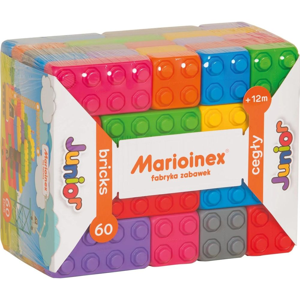 Paquete de coloridos ladrillos de construcción Marioinex Junior en rojo, azul, verde, amarillo, naranja, rosa, morado.
