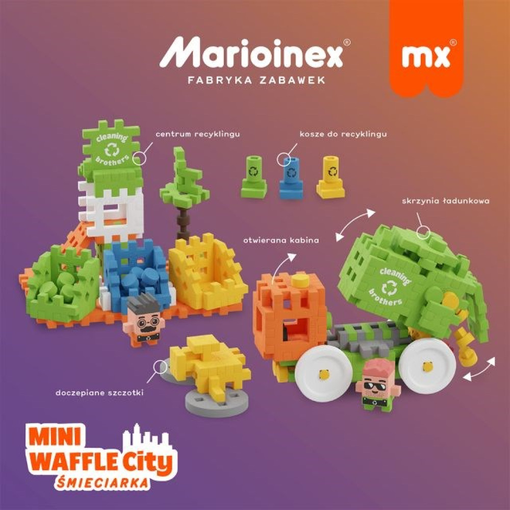 Kolorowe klocki Marioinex Waffle City przedstawiają śmieciarkę, centrum recyklingu, figurki.