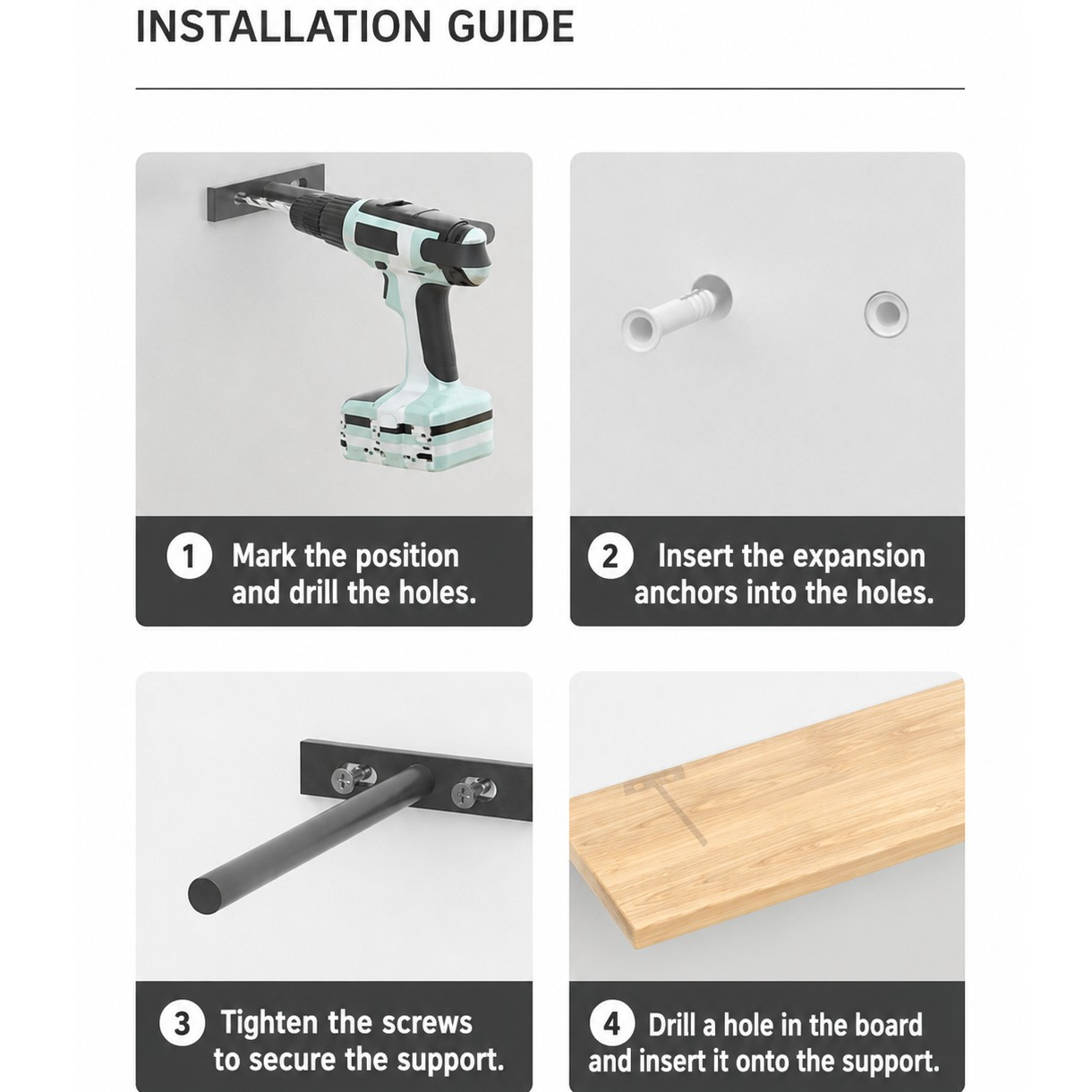Guida all'installazione: Segnare, forare, inserire tasselli, fissare supporto, posizionare tavola.