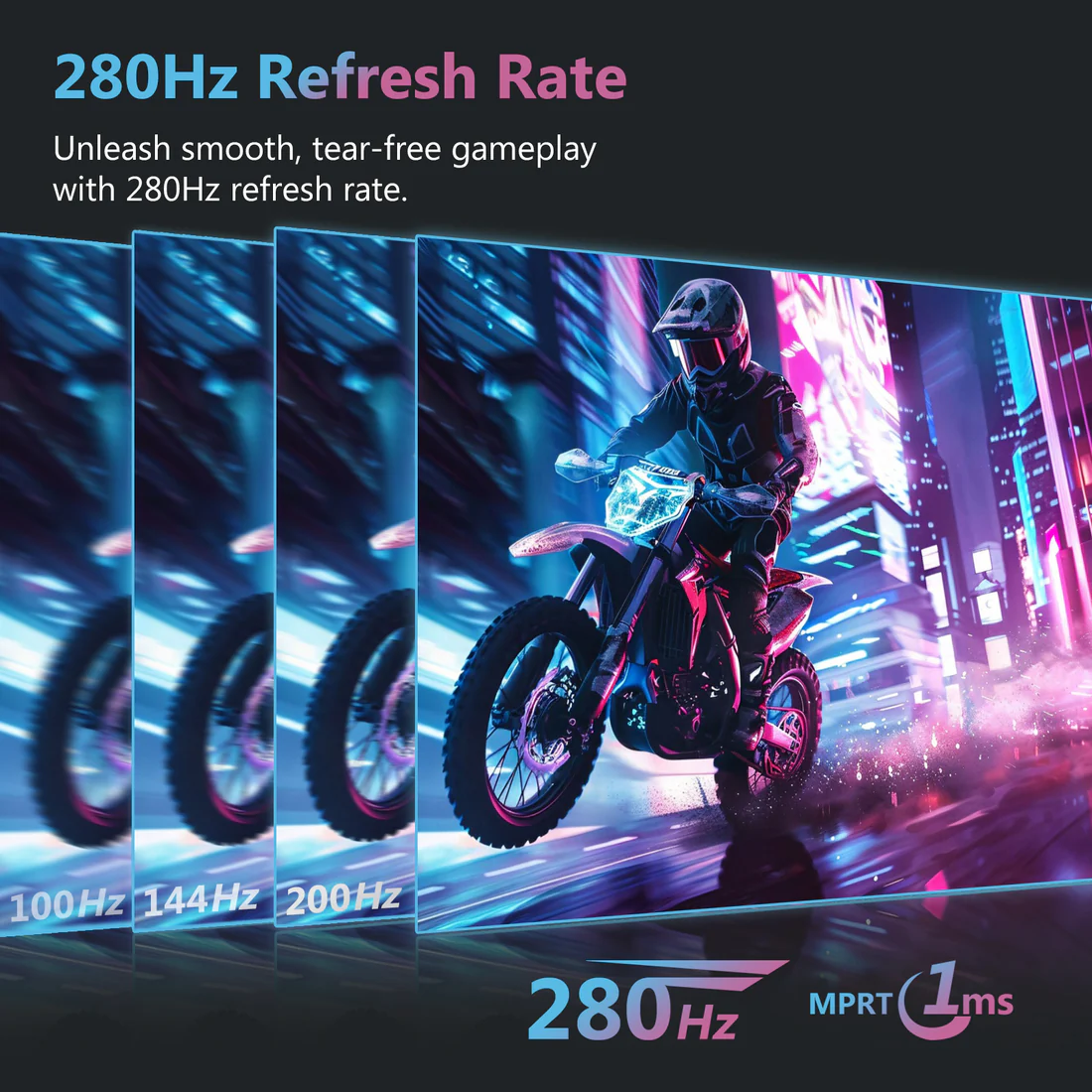 Un motociclista corre por una ciudad de neón, 280Hz, 1ms de respuesta.
