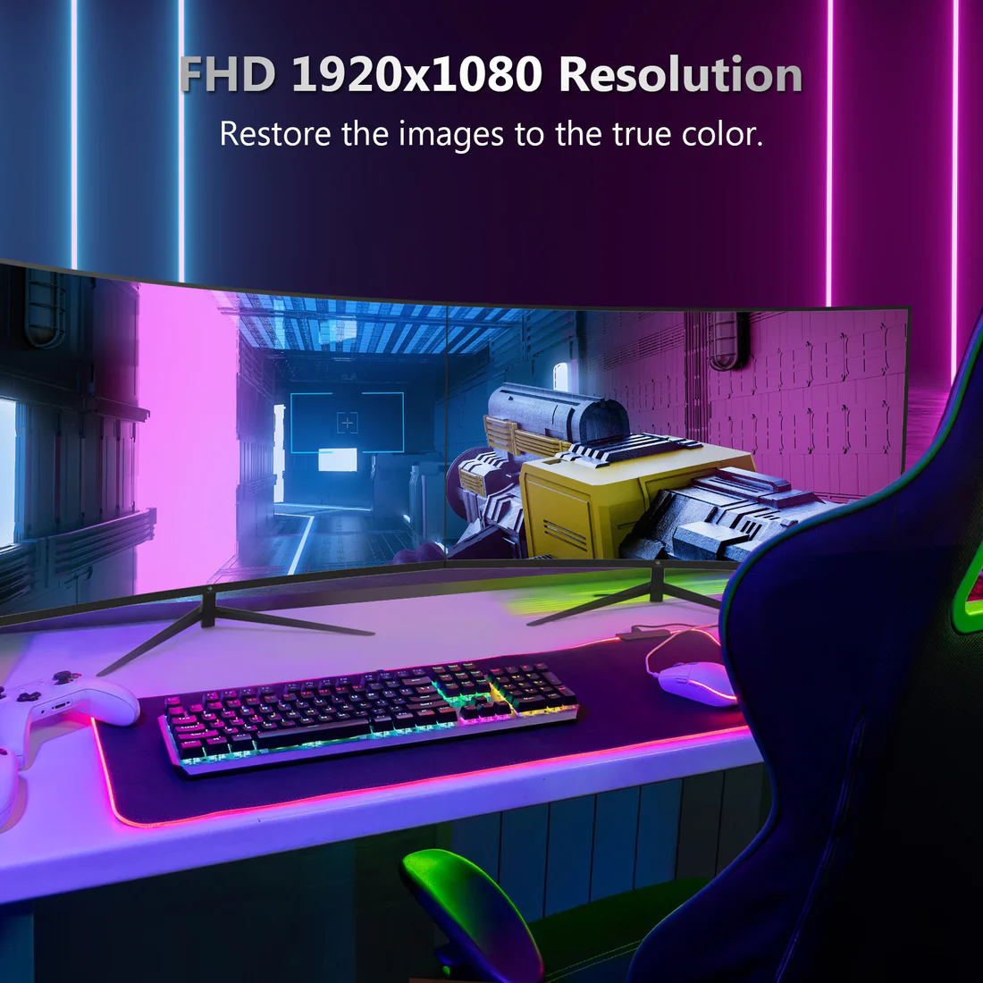 Un monitor curvo muestra un juego con luces de neón. Teclado, ratón y mando cerca.