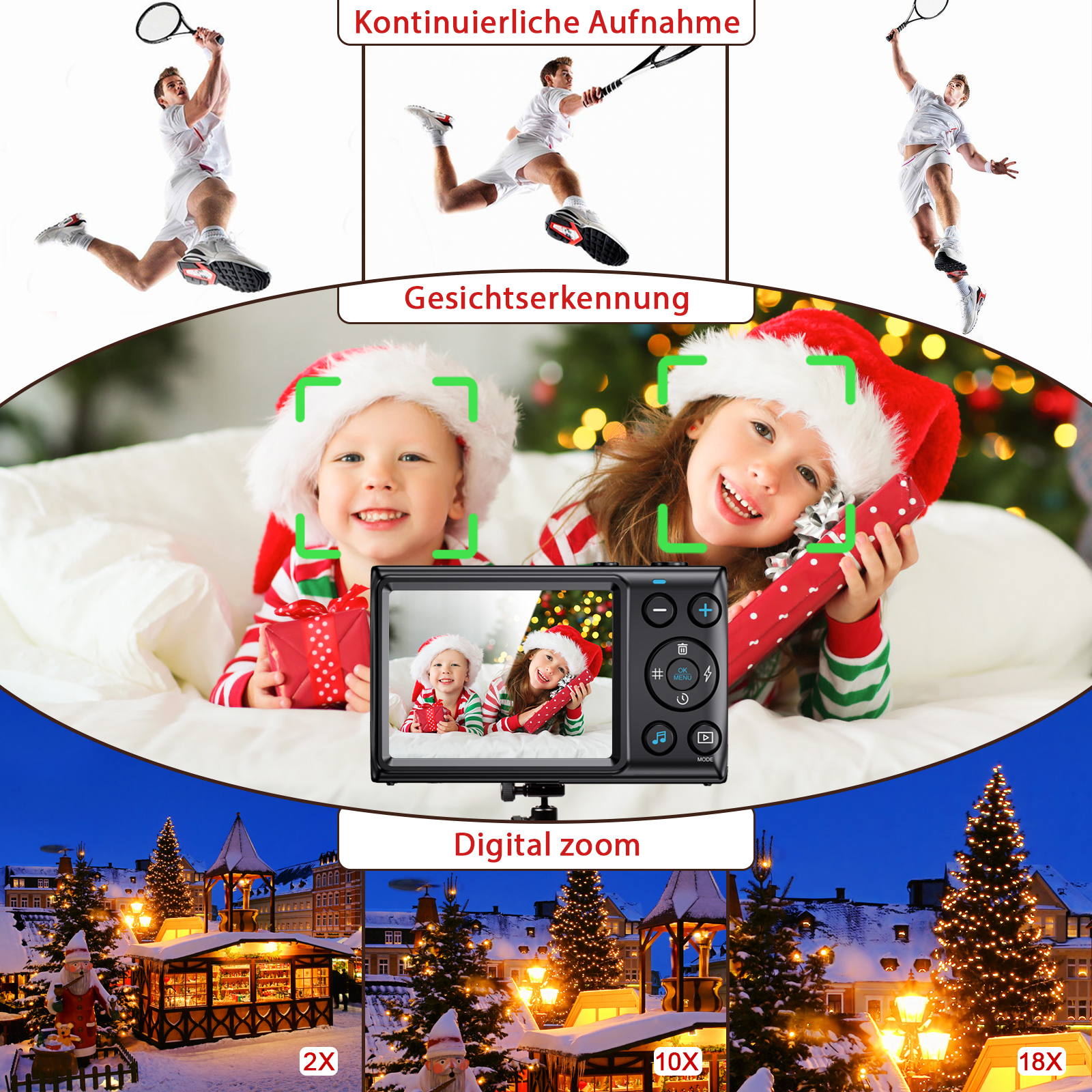Collage: Tennisspieler, Kinder mit Weihnachtsmützen, Digitale Zoom-Szenen.