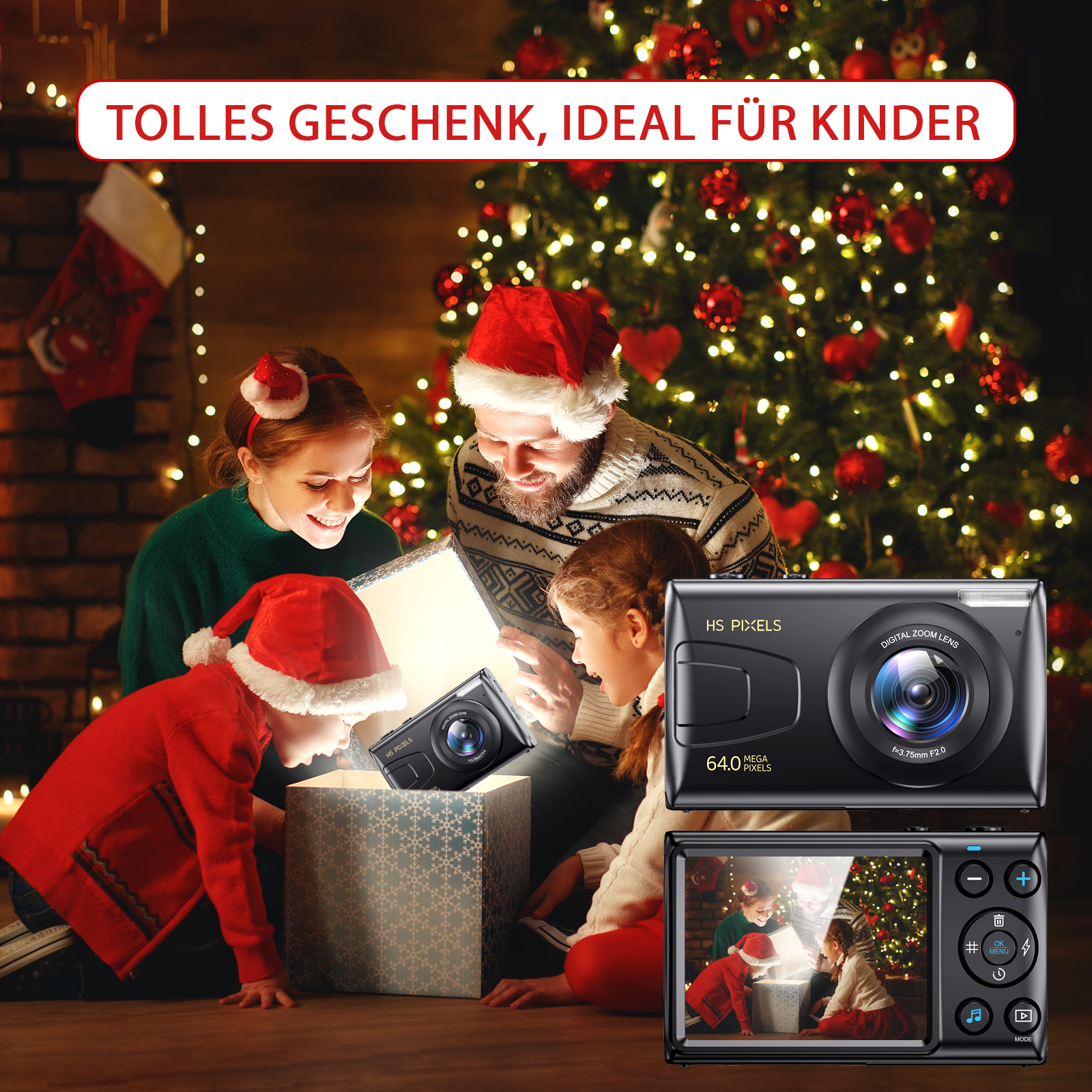 Familie öffnet Geschenk unter Weihnachtsbaum. Eine Kamera ist im Geschenk.