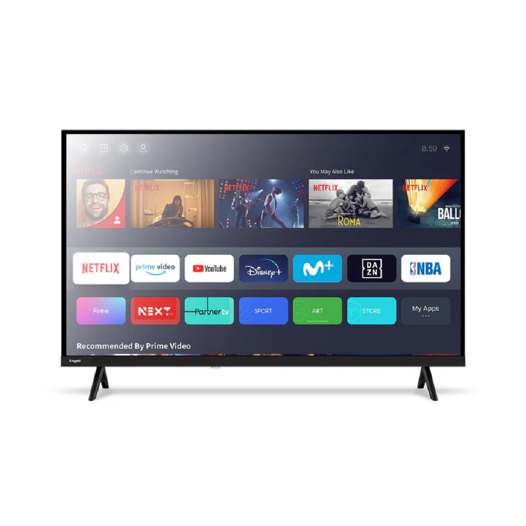 Un televisor moderno muestra una interfaz de Smart TV con íconos de aplicaciones y vistas previas de contenido.