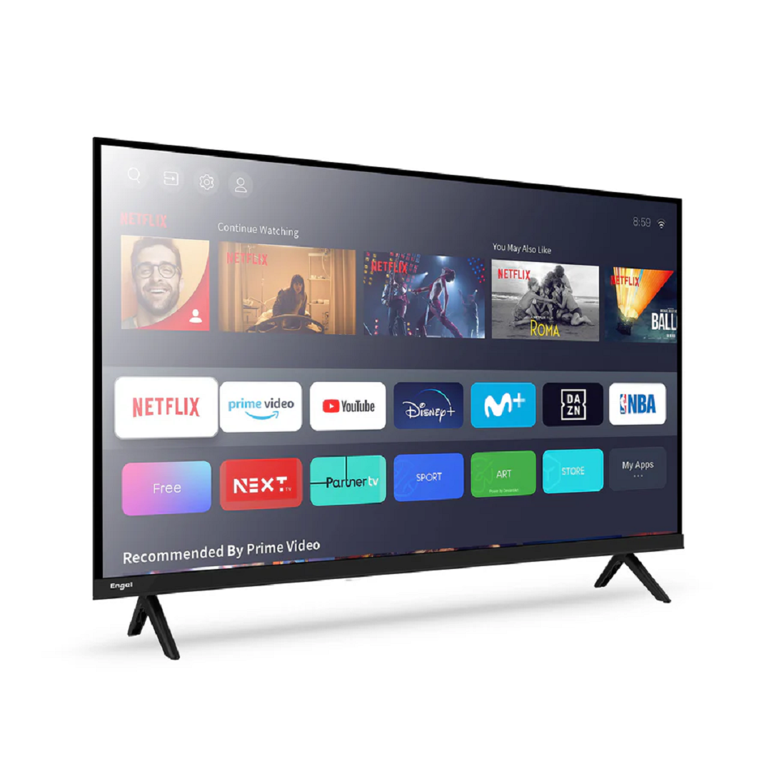 Un televisor moderno que muestra una interfaz de Smart TV con aplicaciones como Netflix y YouTube.
