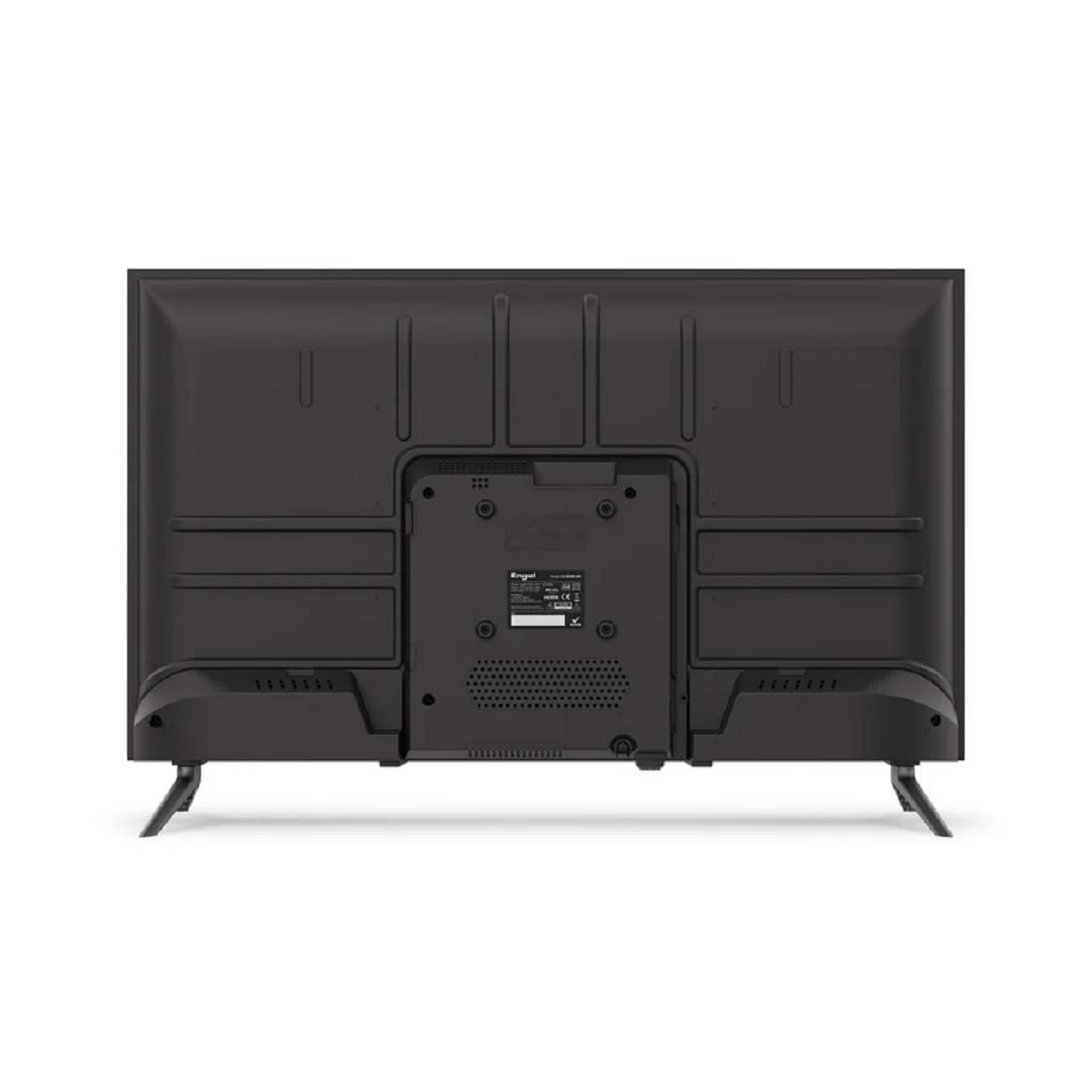 Vista trasera de un televisor negro con soporte y puertos.
