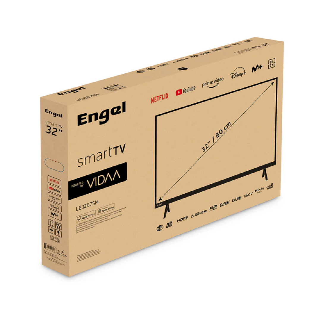 Caja de Smart TV Engel de 32 pulgadas con logos de Netflix, YouTube y Prime Video.