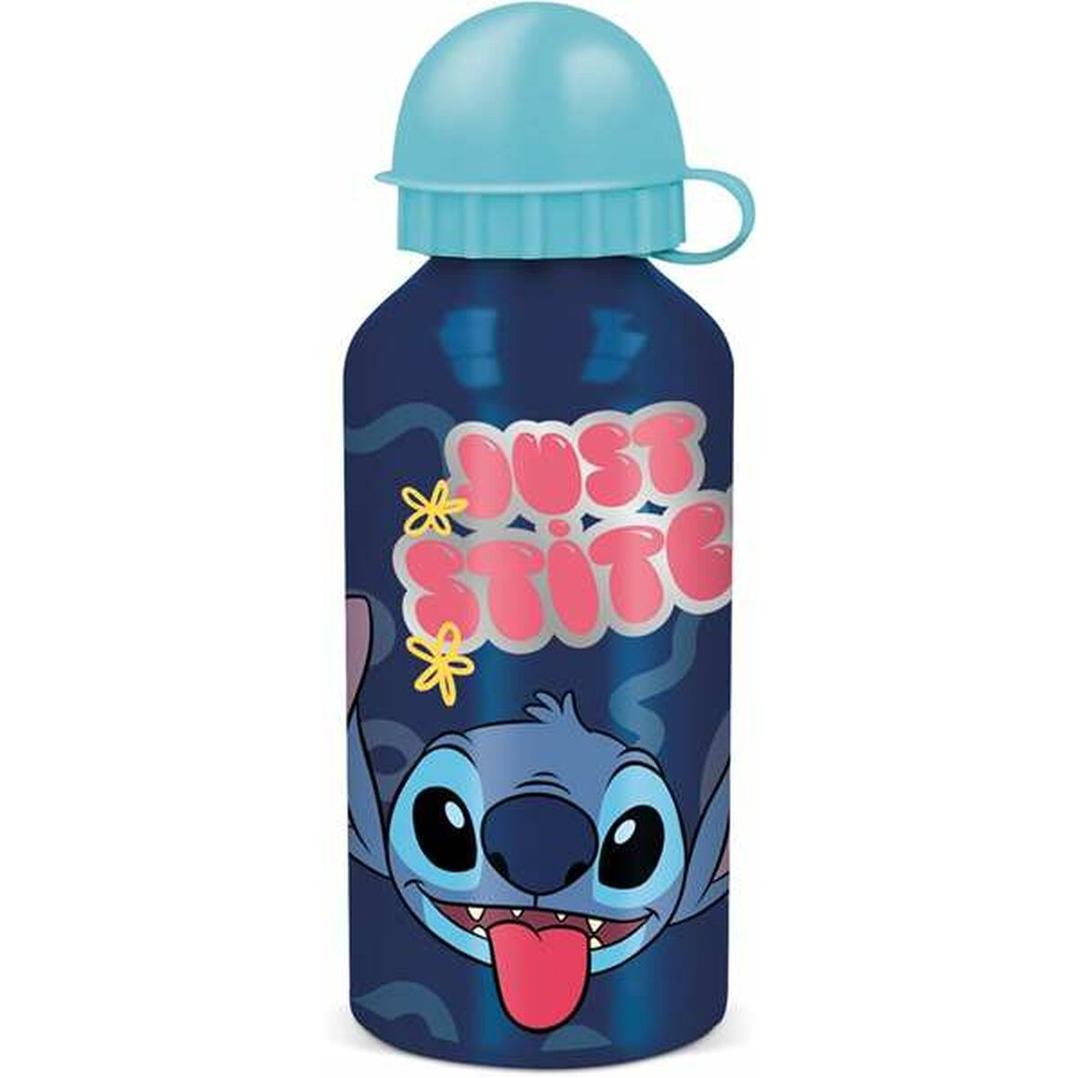 Una borraccia blu scuro con Stitch e la scritta "Just Stitch".