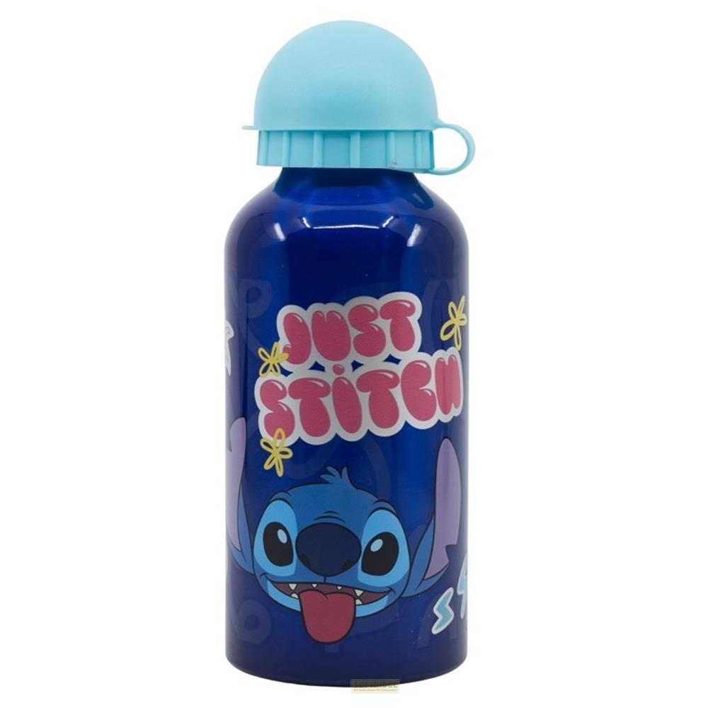 Una borraccia blu con testo "Just Stitch" e un'immagine di Stitch.