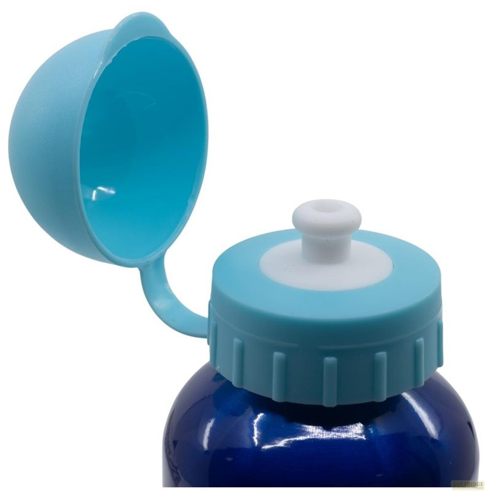 Tappo blu per borraccia con coperchio aperto e beccuccio bianco.