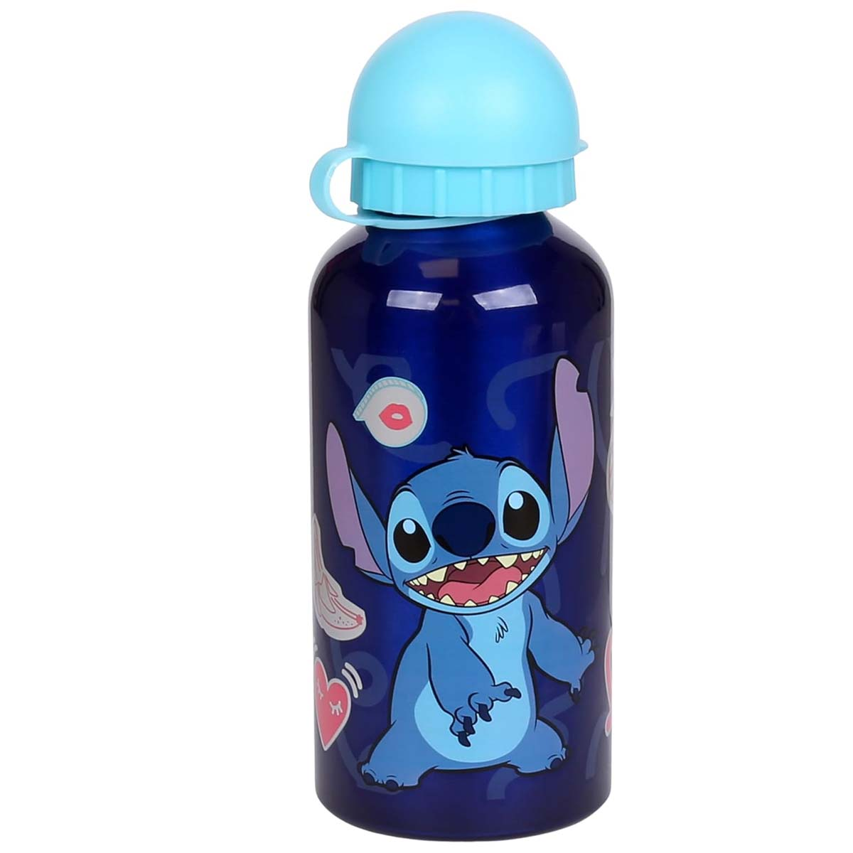 Bottiglia blu scuro con Stitch e tappo blu.