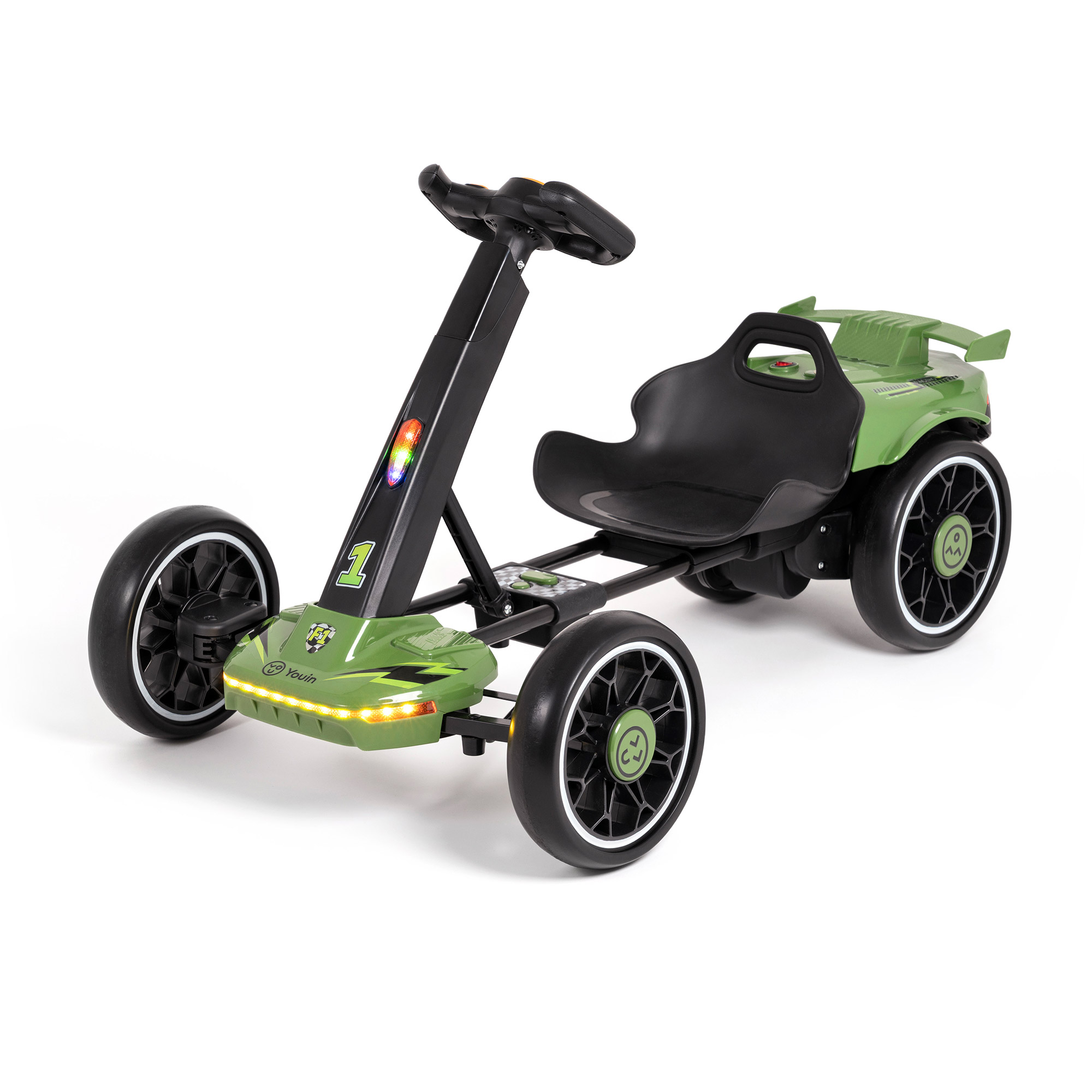 Go-kart verde con asiento negro, calcomanía número 1, luces delante y detrás.