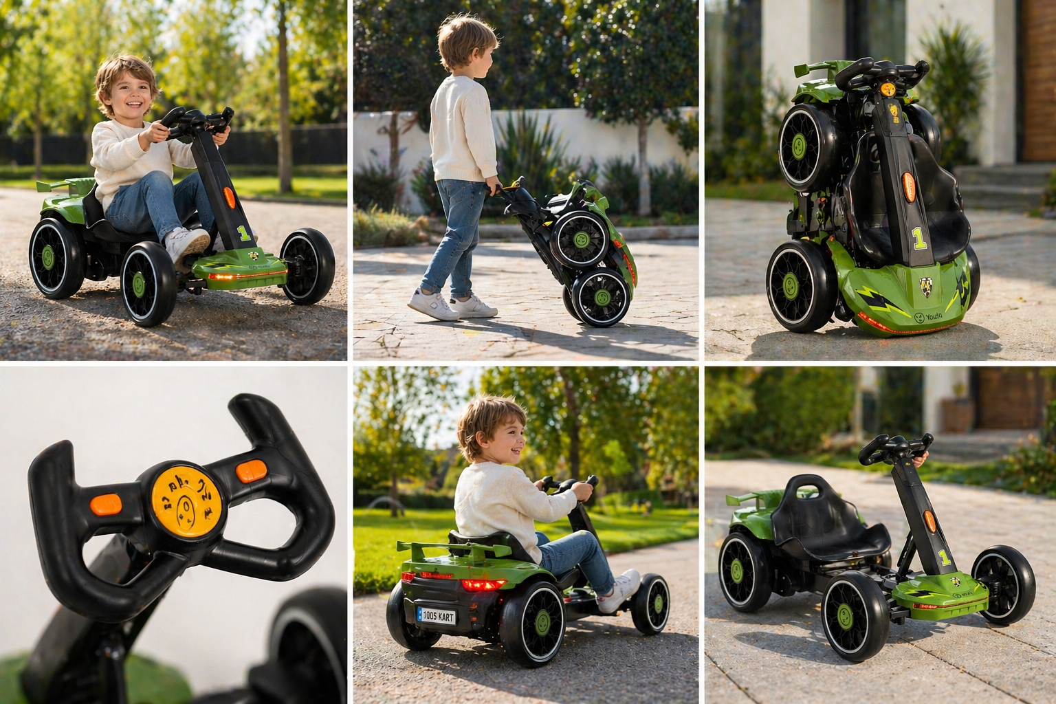 Un niño conduce un karting verde. Otra imagen muestra el karting plegable.