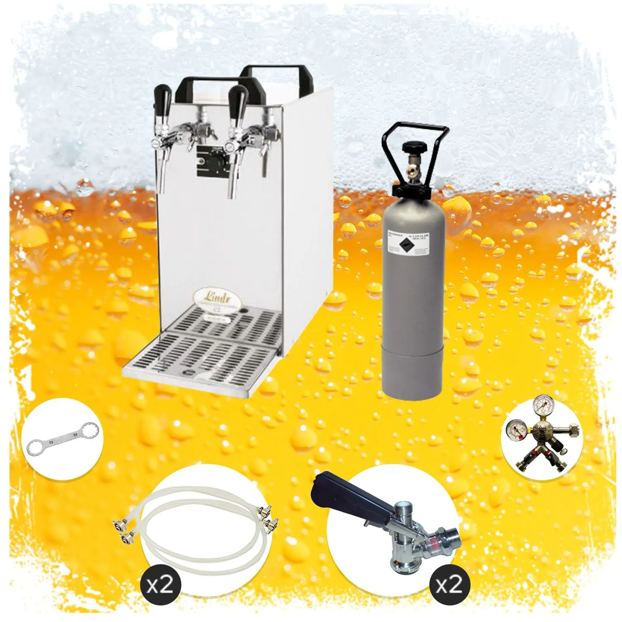 Zapfanlage mit CO2-Flasche, Schläuchen, Werkzeug und Druckminderer auf Bierhintergrund.