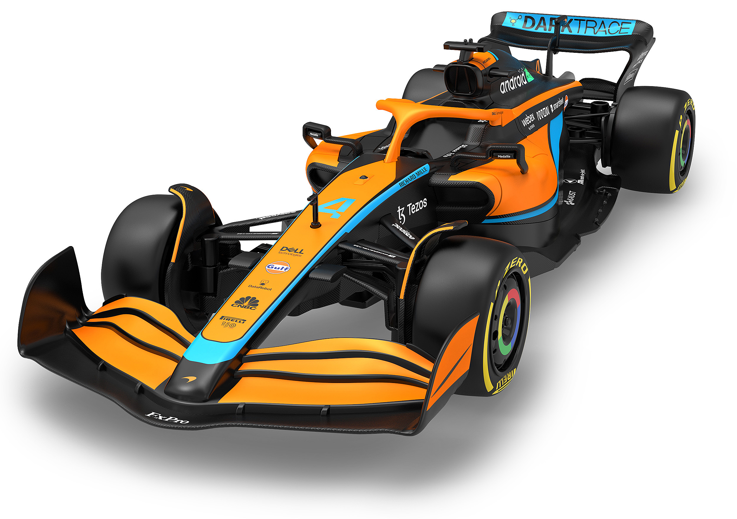 Ein orangefarbener Formel-1-Rennwagen mit blauen Akzenten und Sponsorenlogos.
