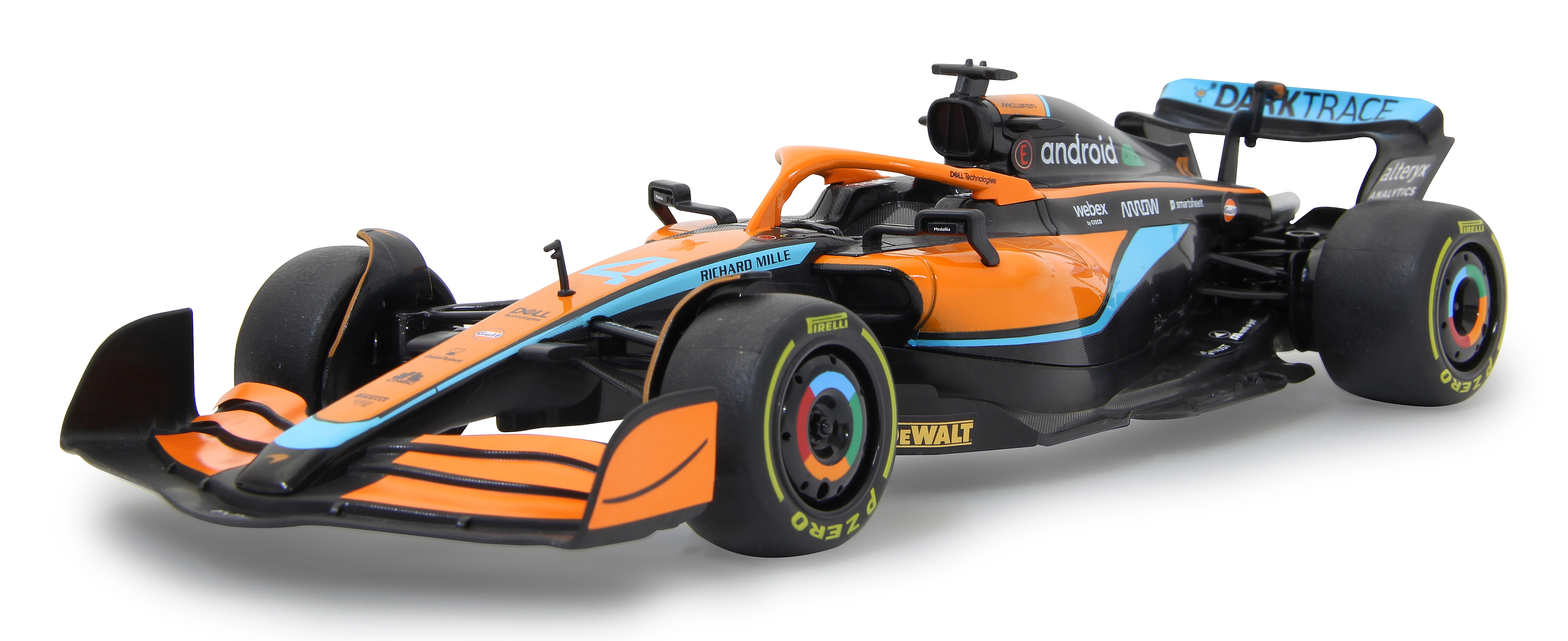 Ein orange-schwarzer Formel-1-Wagen mit der Nummer 4 und Sponsorenlogos.