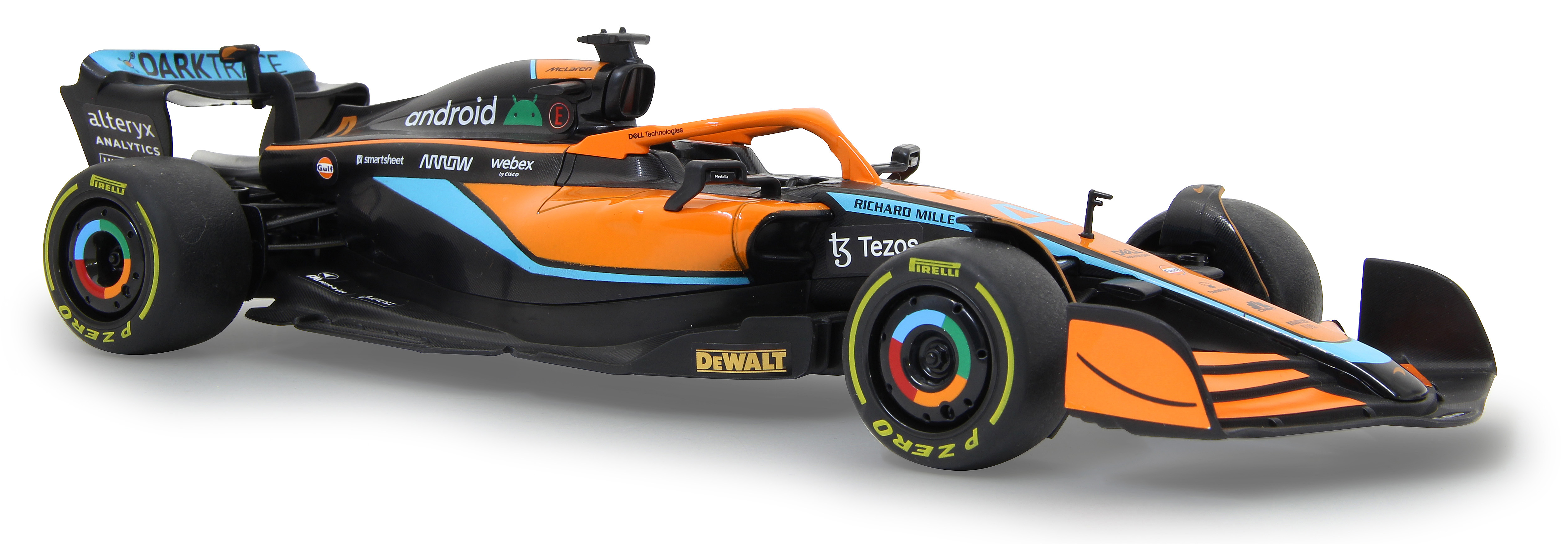 Ein oranger, schwarzer und blauer Formel-1-Wagen mit Sponsorenlogos auf weißem Hintergrund.