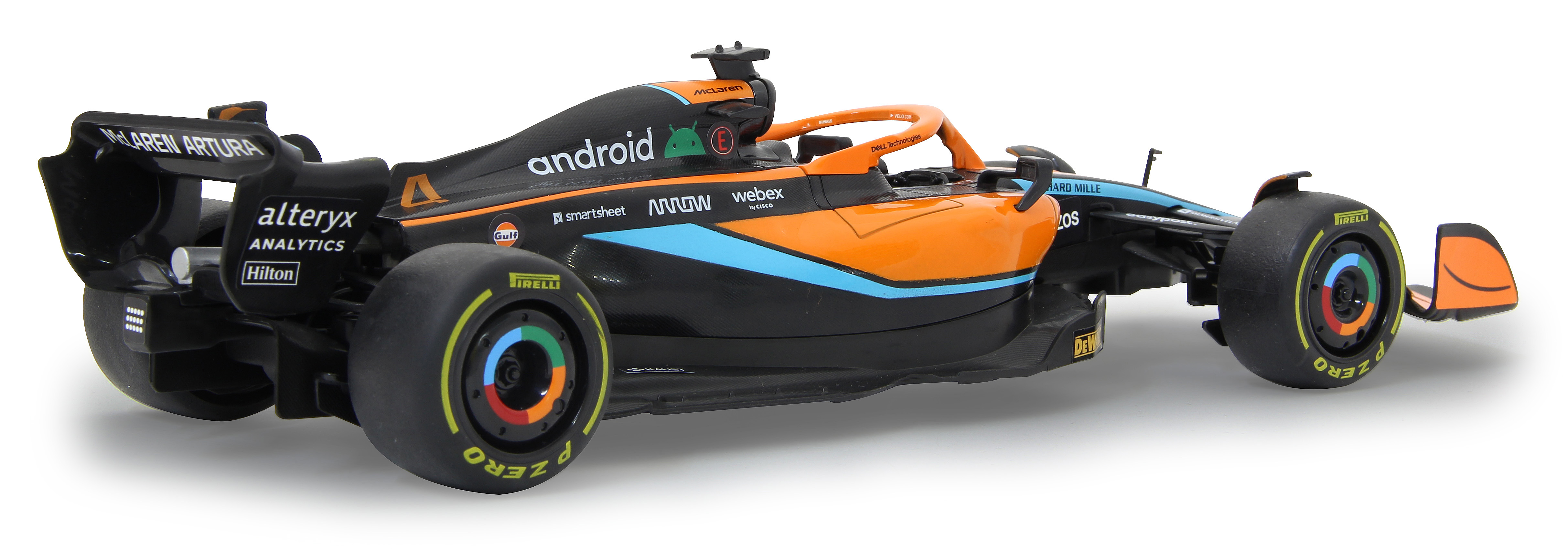 Ein schwarzer und oranger McLaren Formel-1-Wagen mit Sponsorenlogos.