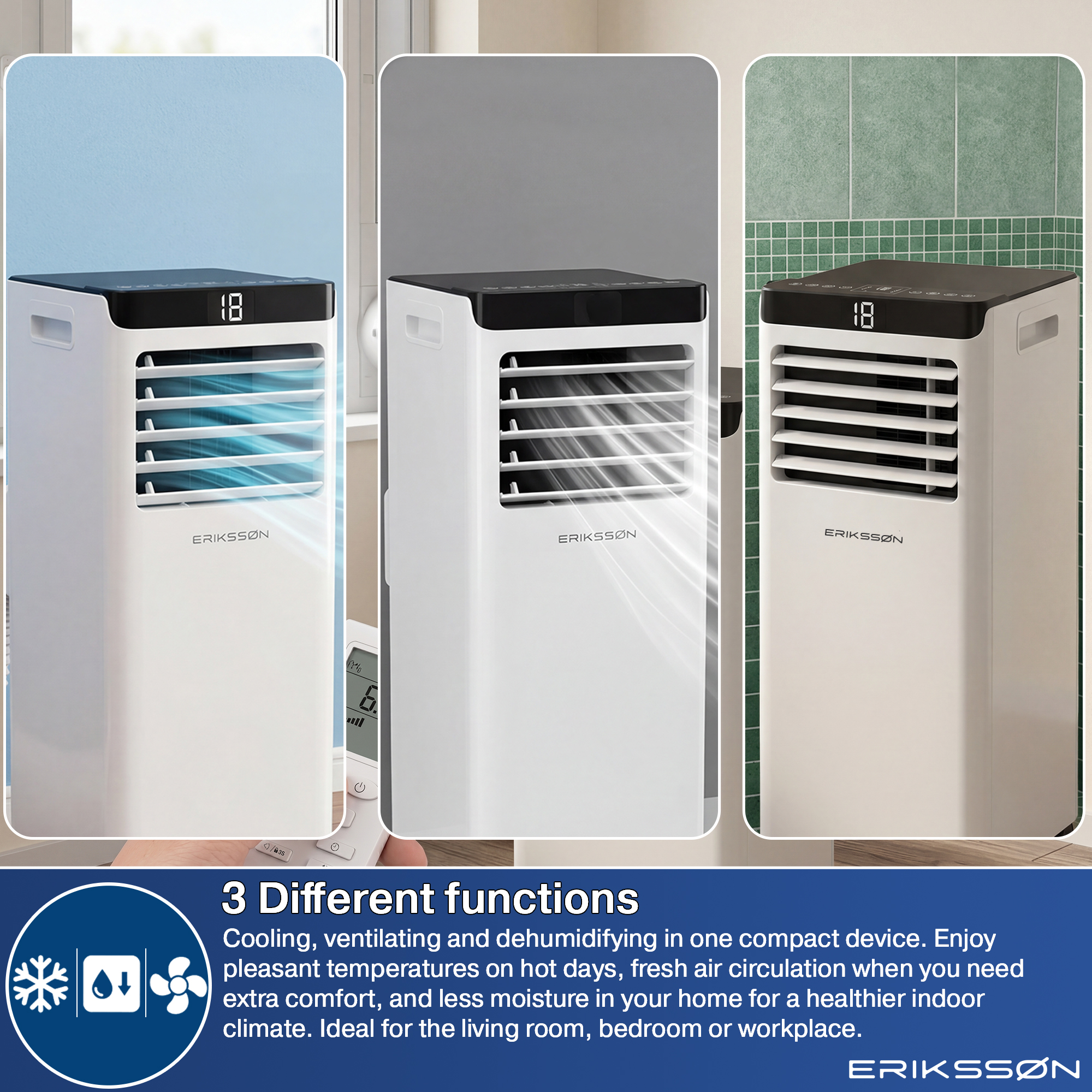 Drie witte Erikssøn-aircoolers met digitale displays en ventilatielamellen.