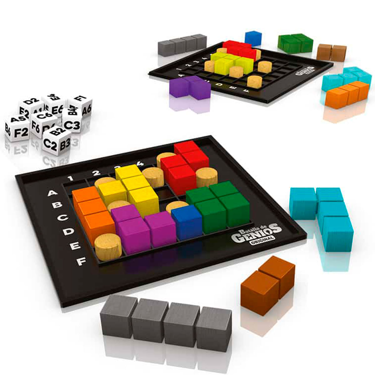 Juegos de bloques coloridos en tableros negros, con dados y clavijas.