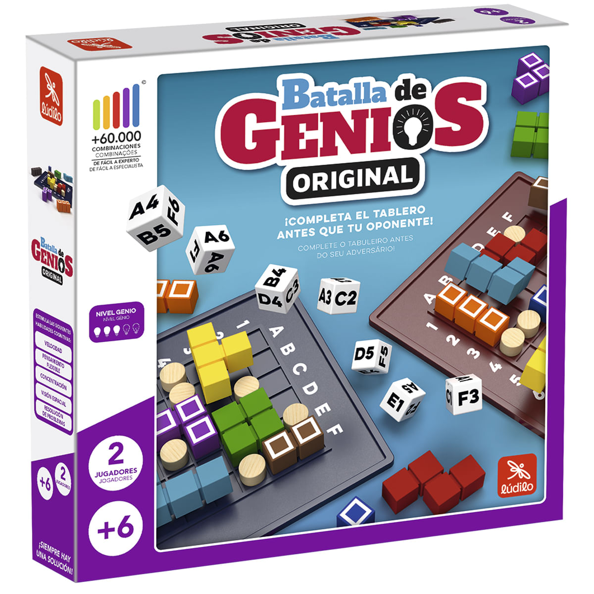 Juego de mesa Batalla de Genios con bloques, dados y tableros coloridos.