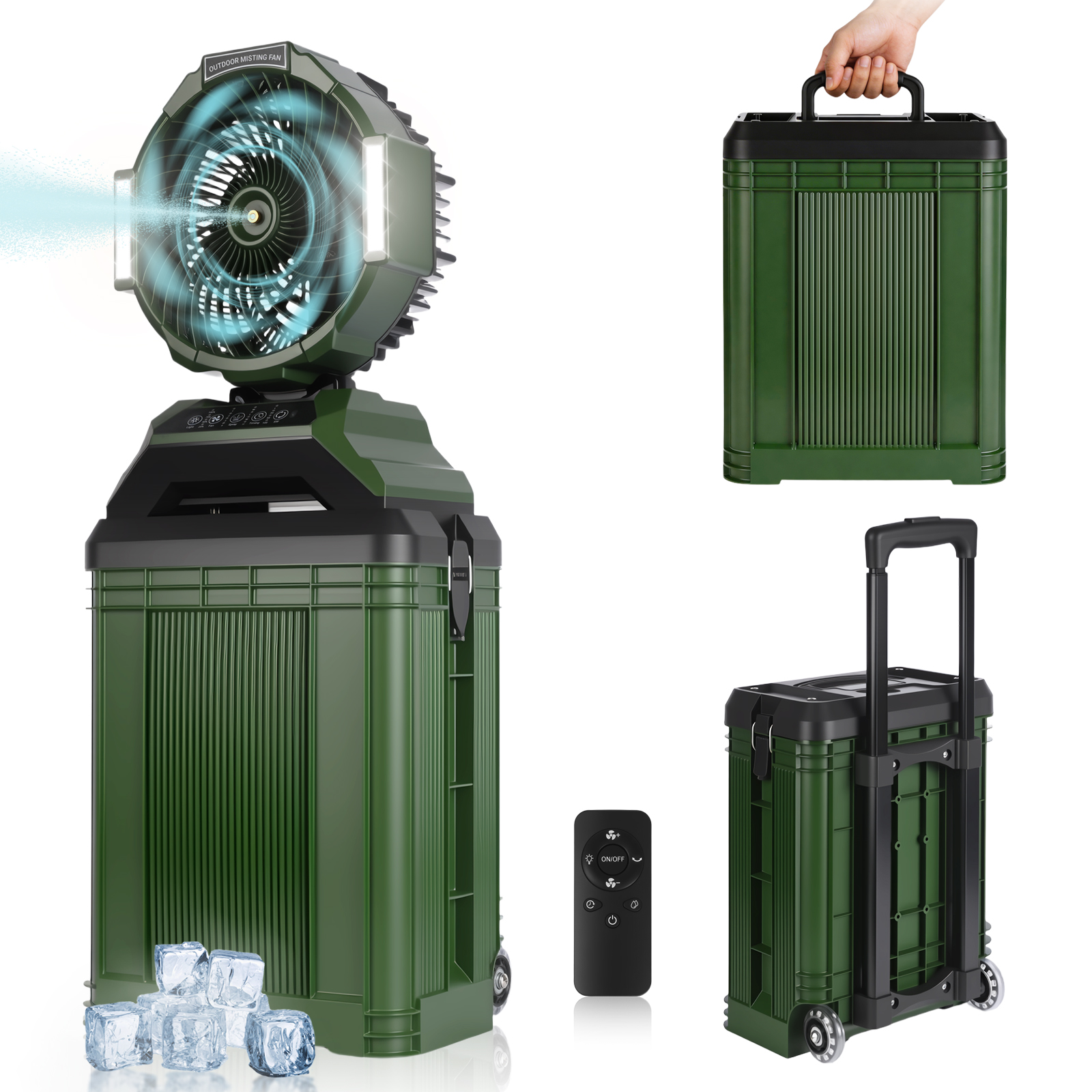 Ein grüner Outdoor-Misting-Ventilator mit Rädern und Fernbedienung.