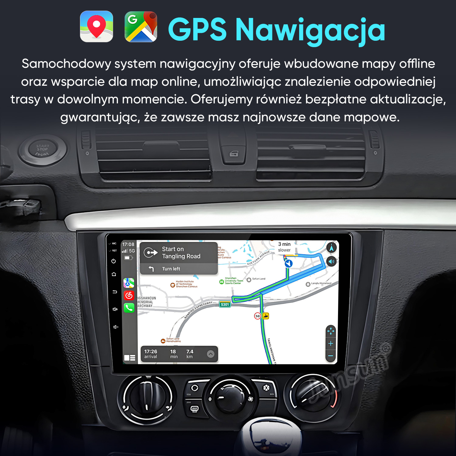 Samochodowy system nawigacji z mapami offline i online, pokazujący trasę.