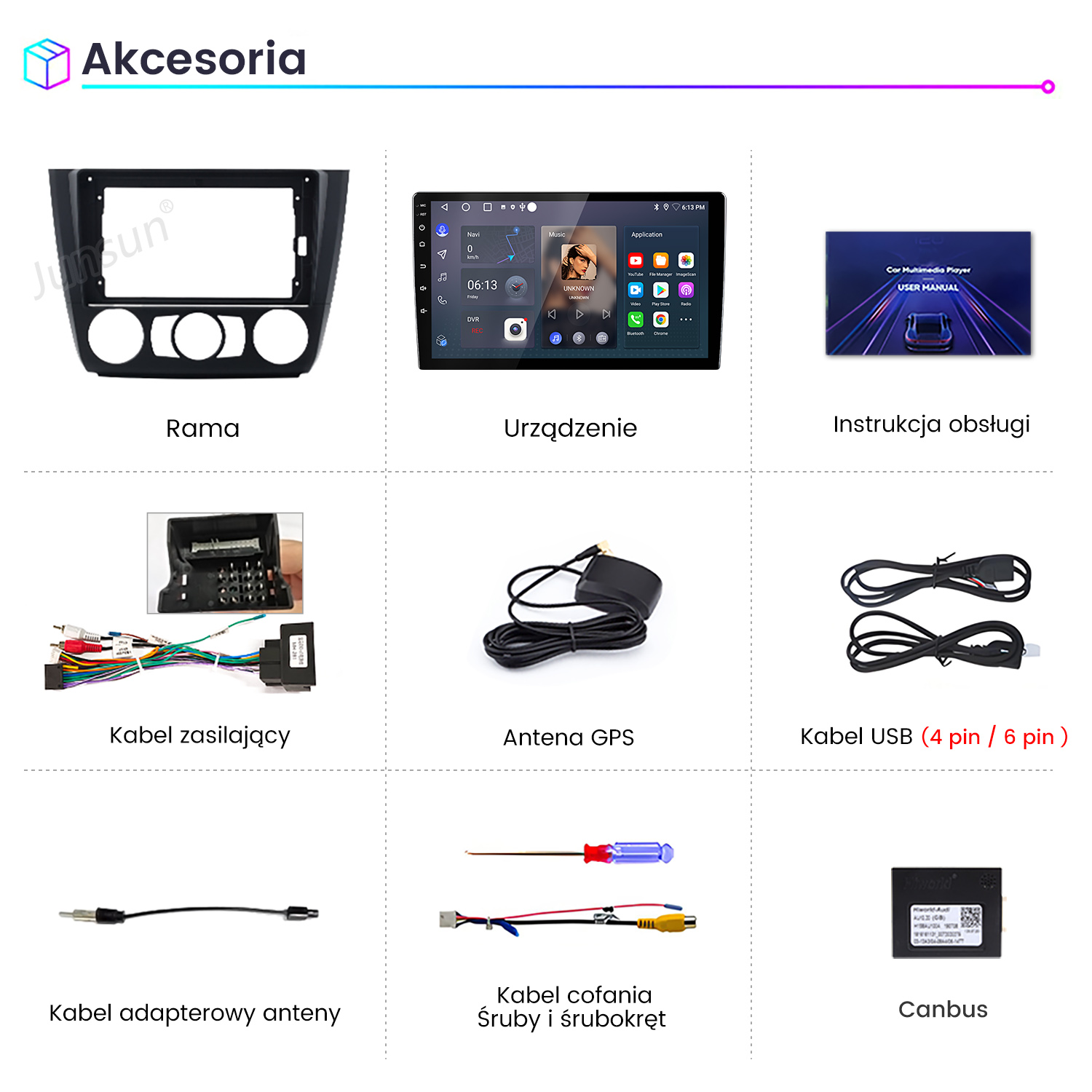 Ramka samochodowa, wyświetlacz radia samochodowego, instrukcja, kabel zasilający, antena GPS, kable USB, adapter anteny, kabel kamery cofania i canbus.