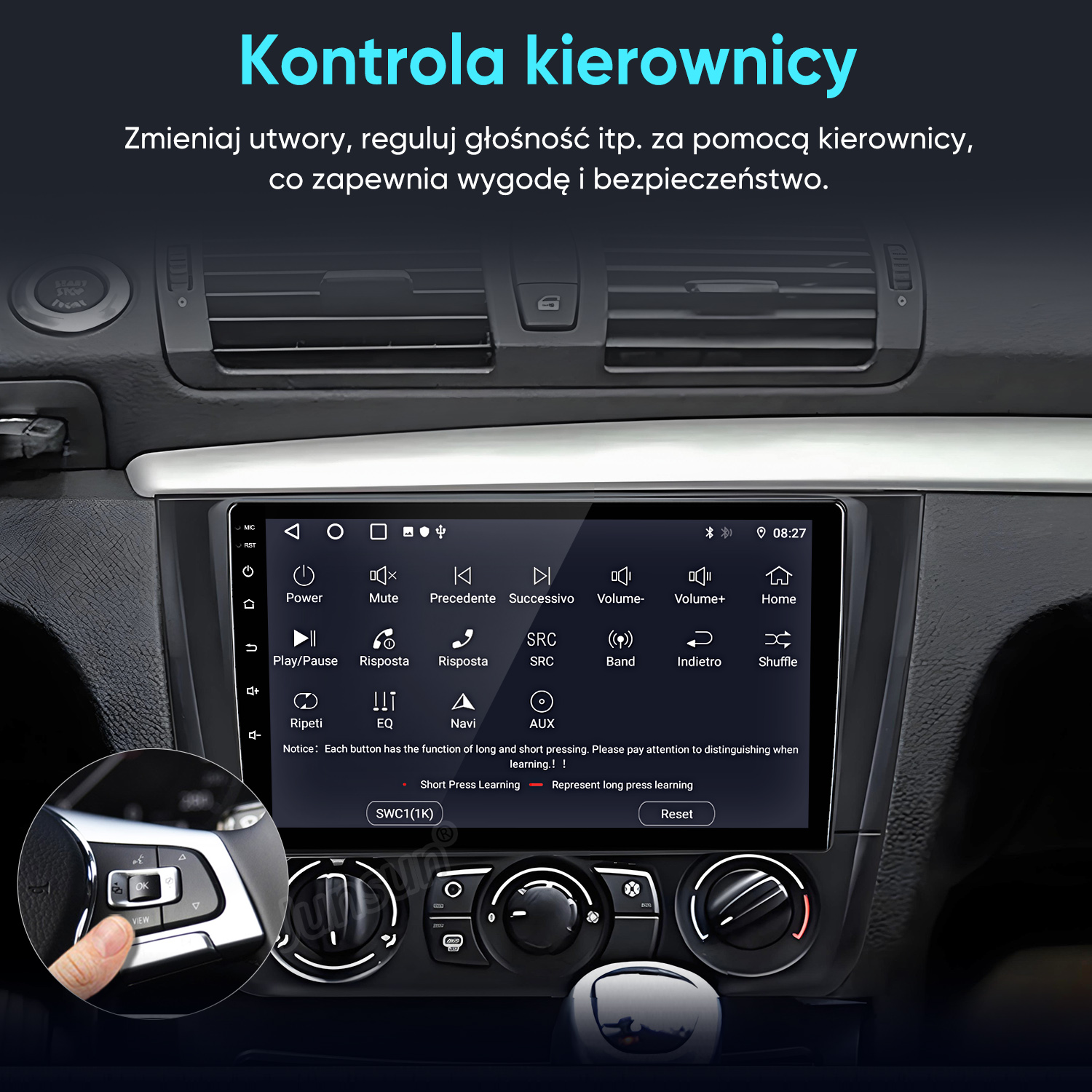 Dotykowy ekran samochodu wyświetla kontrolki, a ręka naciska przycisk na kierownicy.