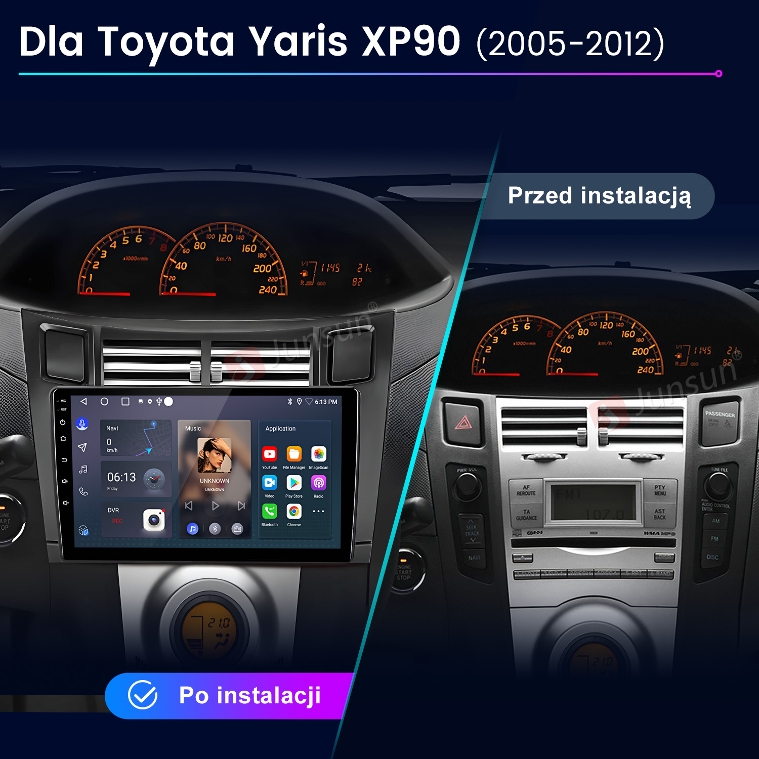 Przed: Deska rozdzielcza Toyota Yaris z prędkościomierzem. Po: Nowy system infotainment.