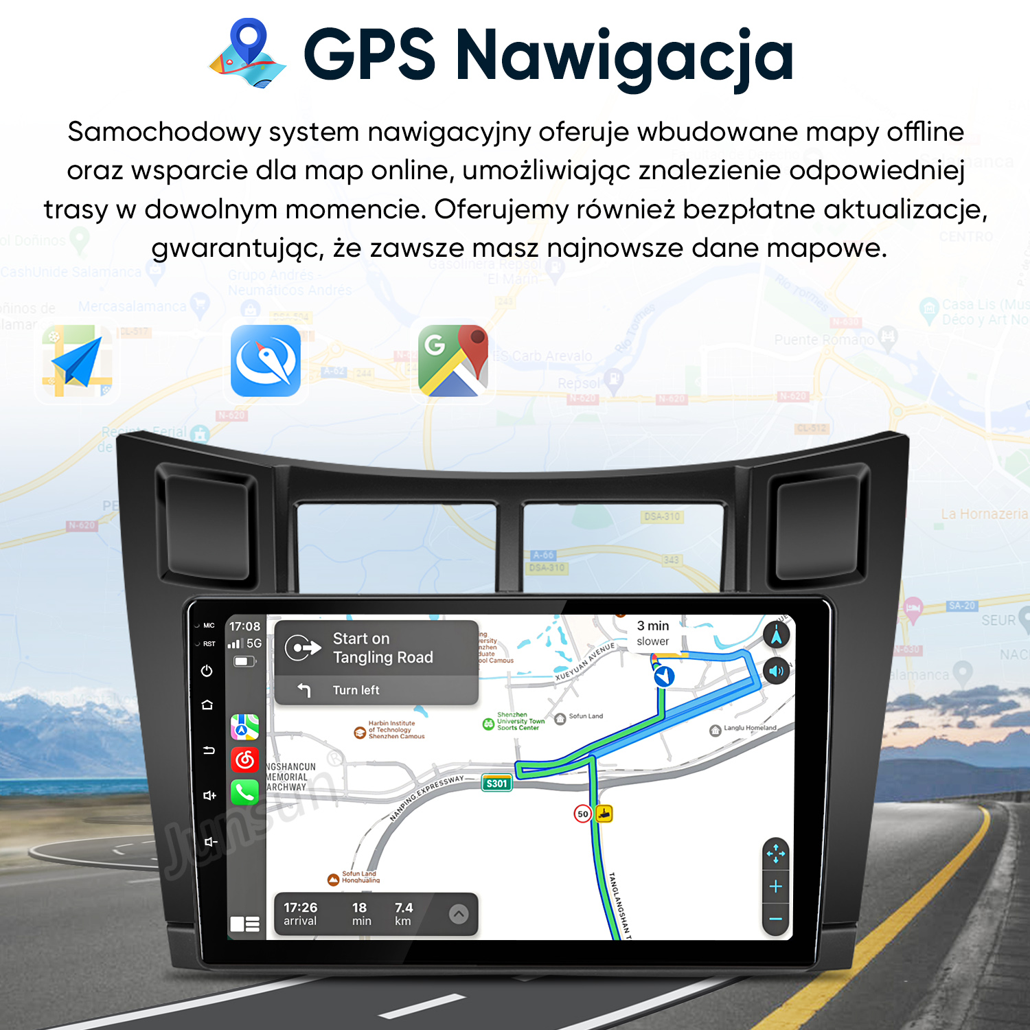 Samochodowy system nawigacyjny z obsługą map offline i online.