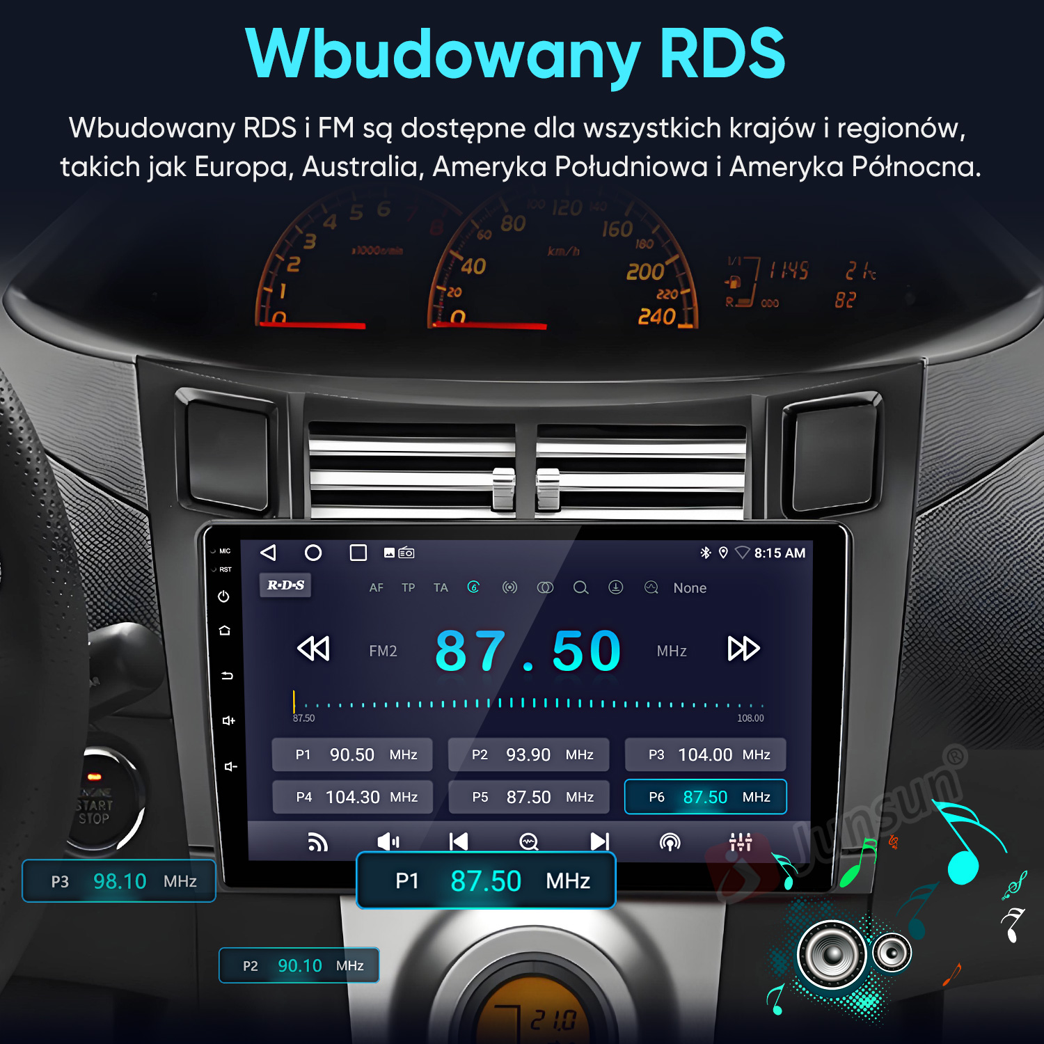 Wnętrze samochodu z radiem, prędkościomierzem i kierownicą. Wyświetlana funkcja RDS.