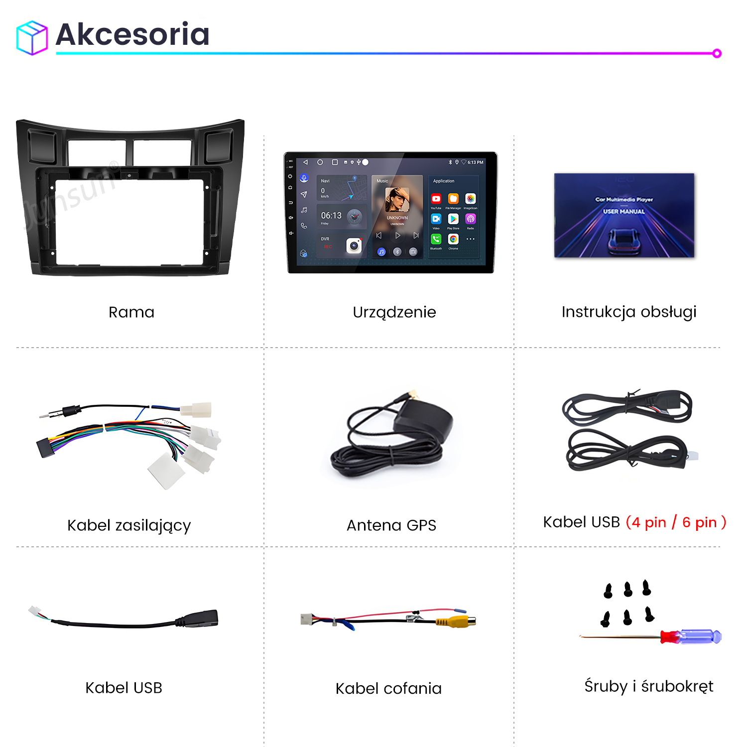 Akcesoria: Ramka deski rozdzielczej, radio samochodowe, instrukcja, kabel zasilający, antena GPS, kabel USB, kabel cofania, śruby.