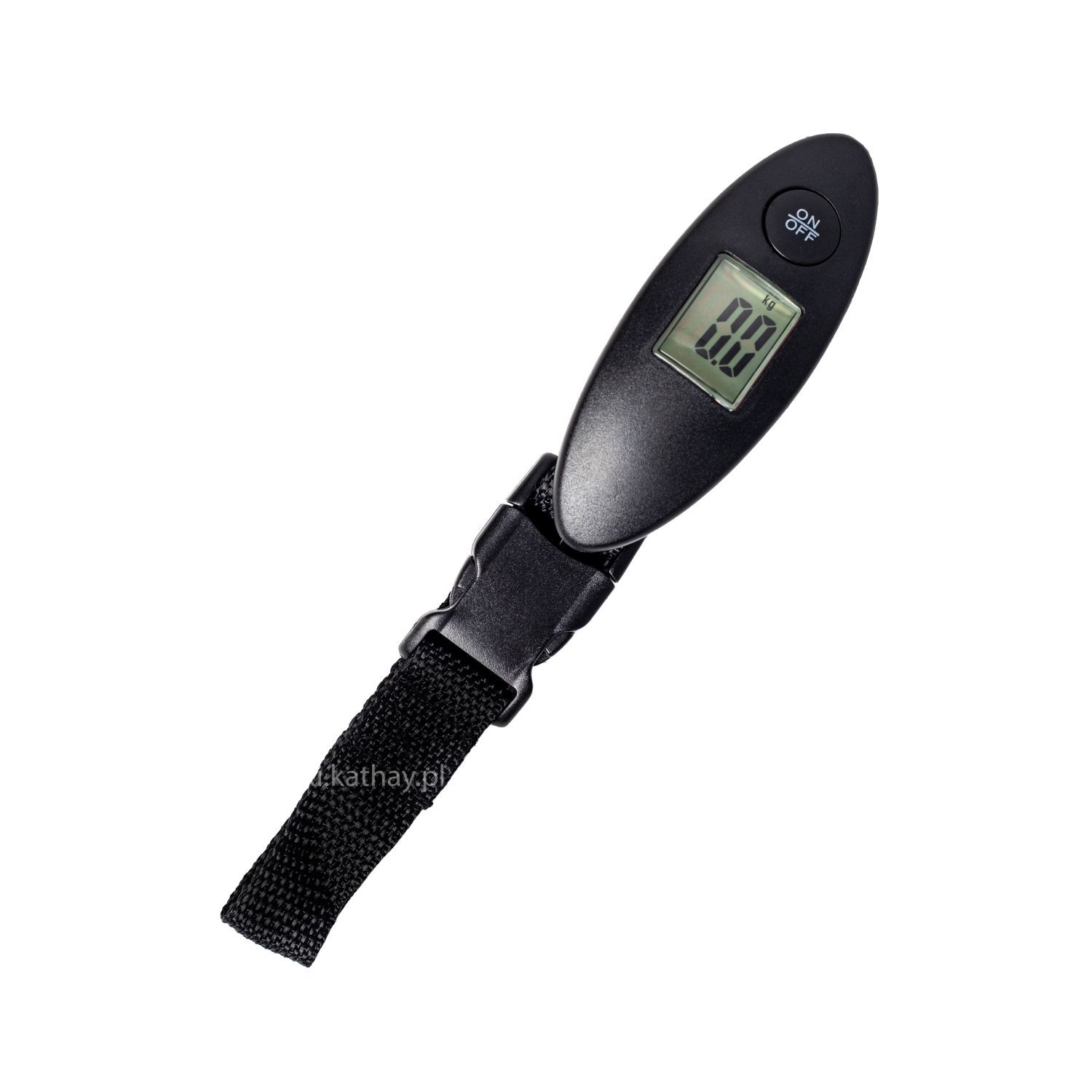 Czarna cyfrowa waga bagażowa z paskiem i klamrą, pokazuje 0.0 kg.