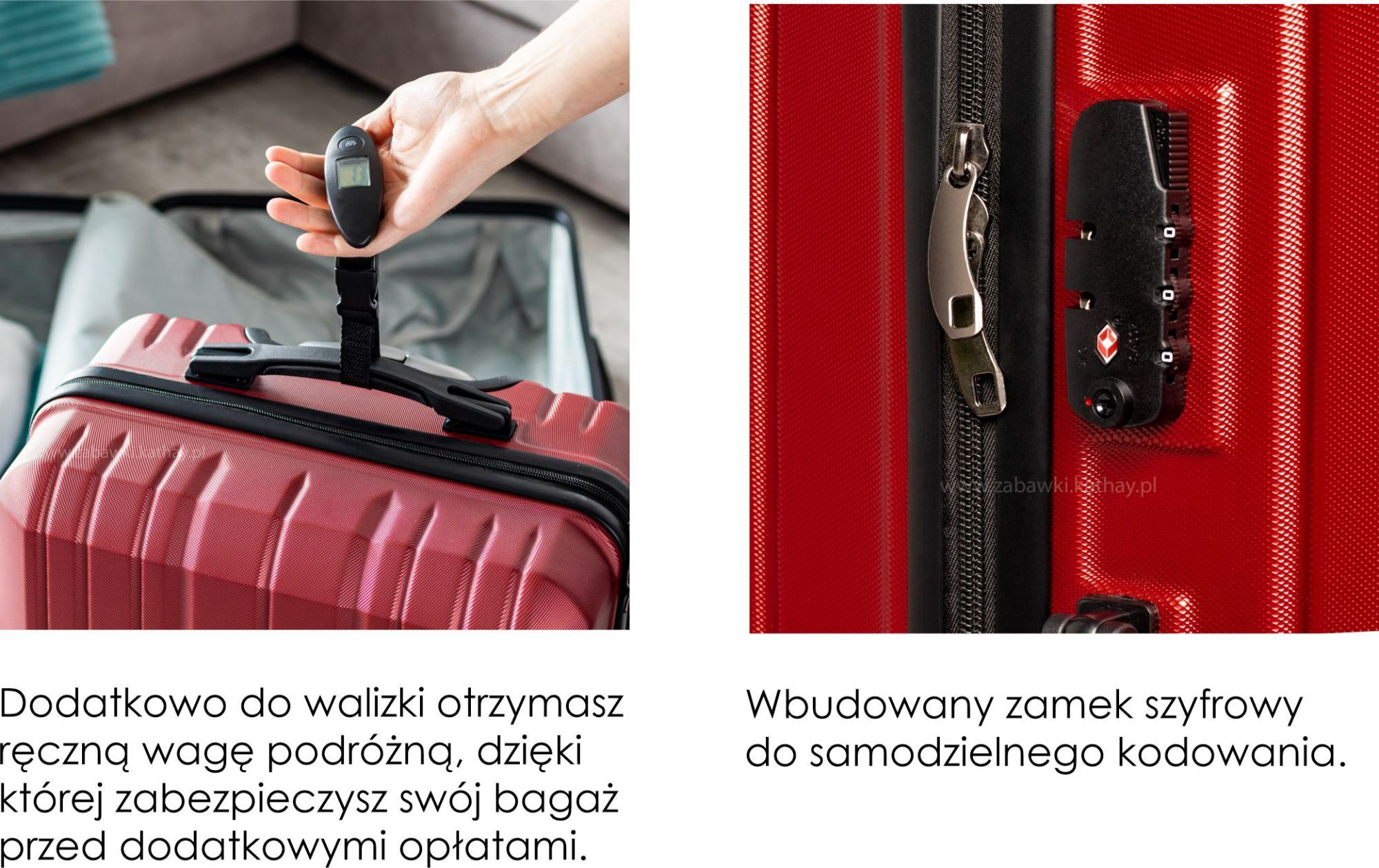 Ręka trzyma cyfrową wagę bagażową nad czerwoną walizką. Obok jest zamek szyfrowy.