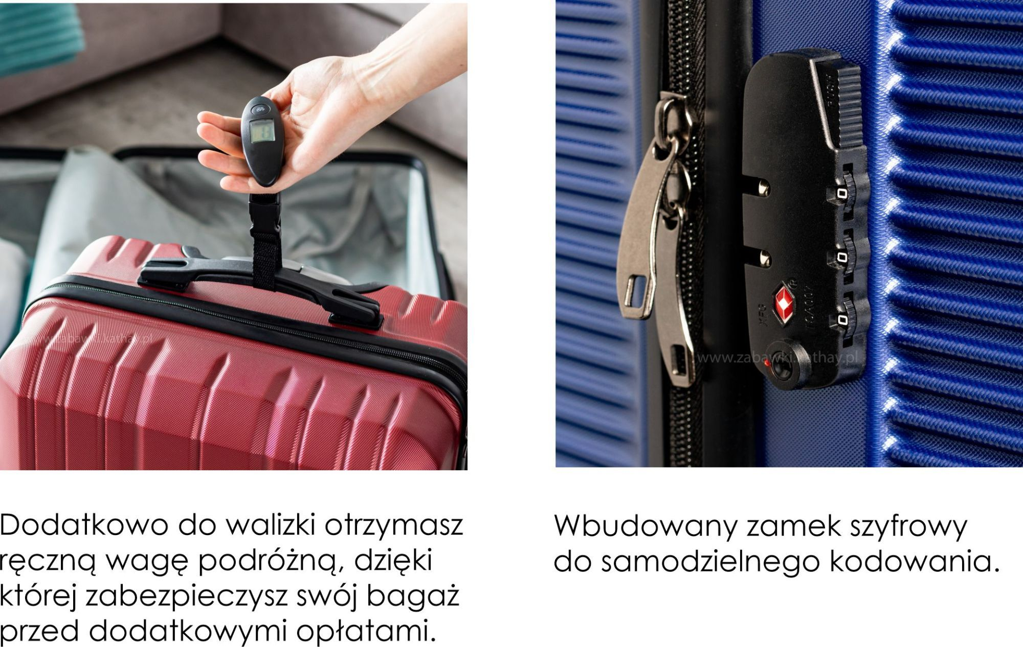 Ręka trzyma czarną wagę podróżną nad czerwonym bagażem. Po prawej stronie zamek szyfrowy na niebieskiej walizce.