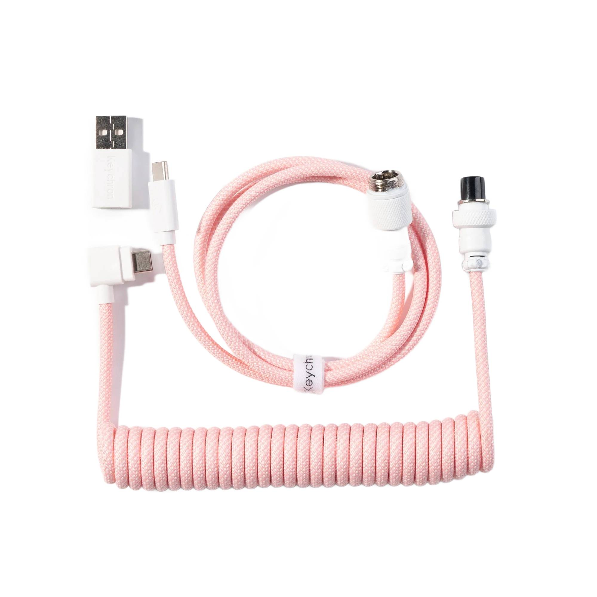 Różowy kabel USB spiralny z końcówkami USB-A, USB-C i kątową USB-C.