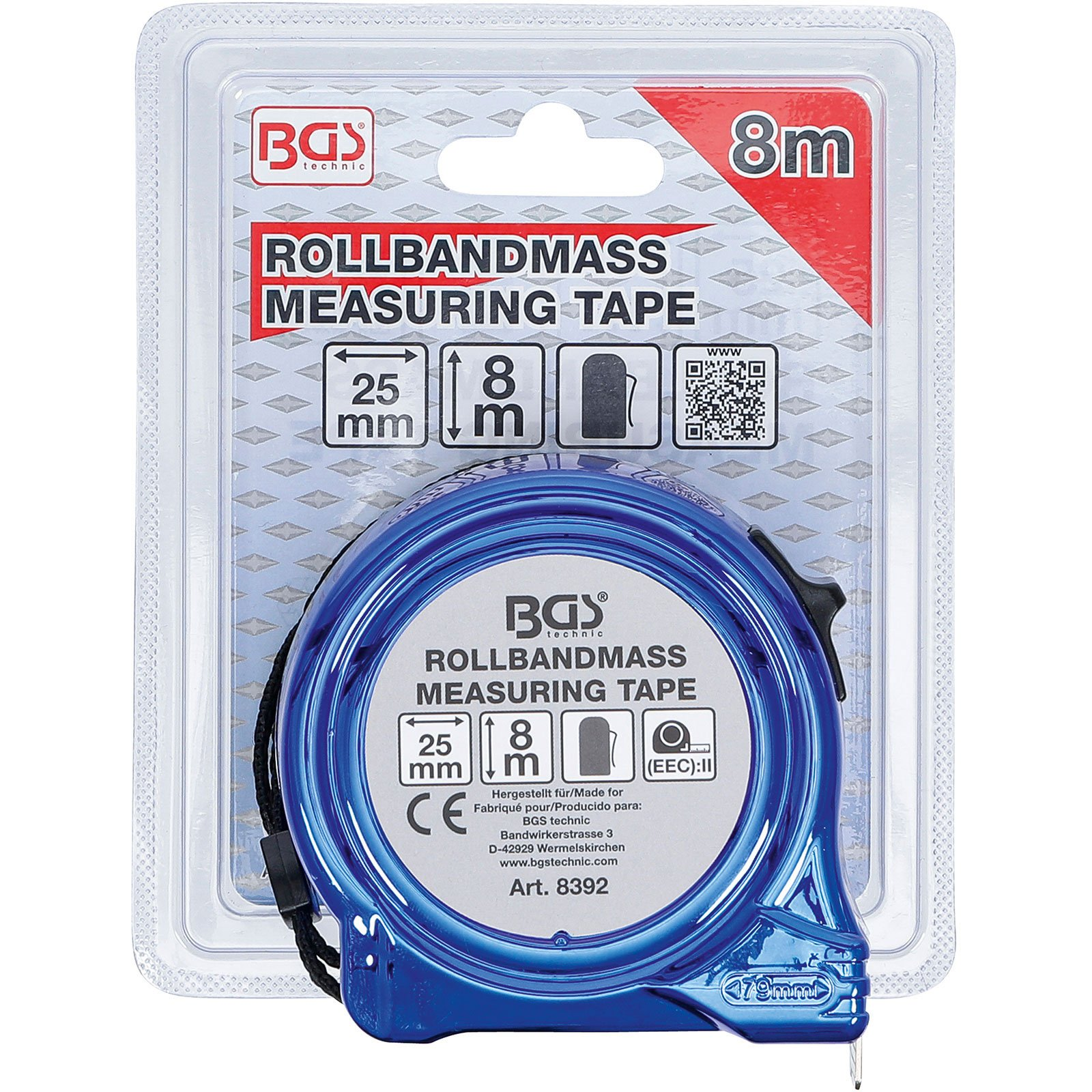 Ein blauer Rollbandmaß von BGS Technic mit 8m Länge, 25mm Breite, in Verpackung.