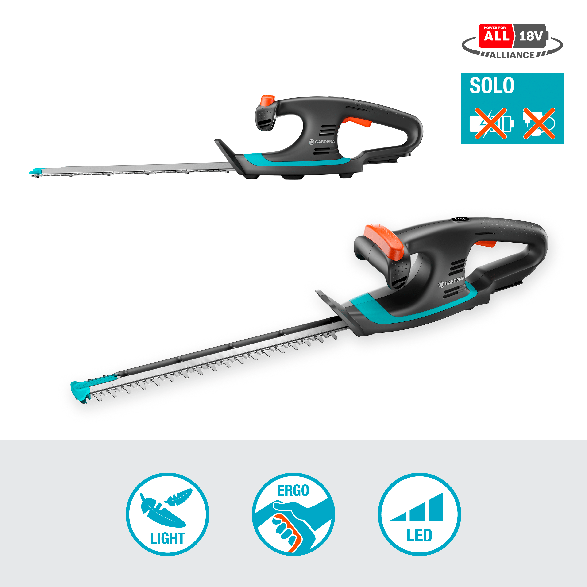 Due tagliasiepi cordless neri e turchesi con icone per leggero, ergo e LED.