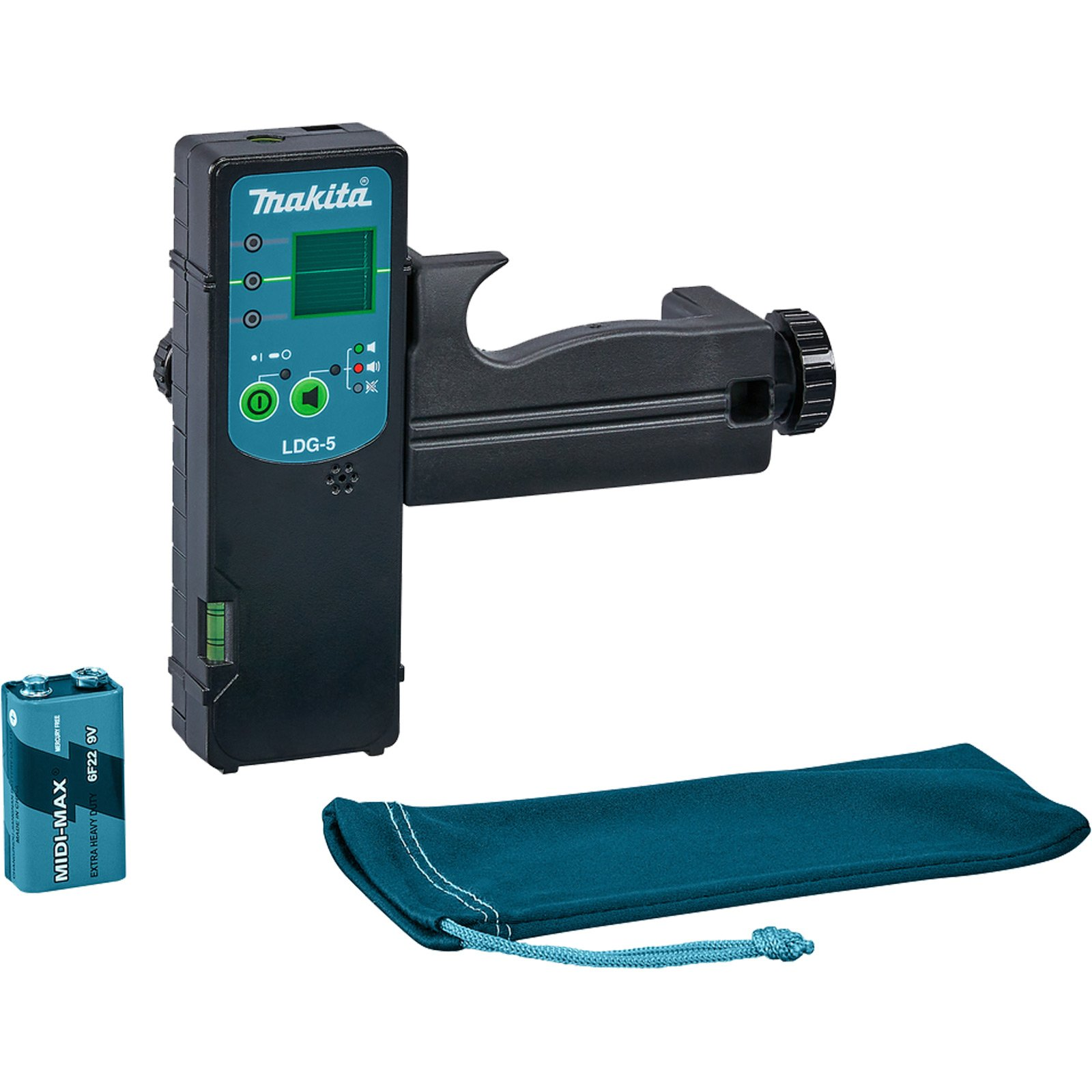 Makita Laser-Wasserwaage LDG-5 mit Batterie und Beutel.