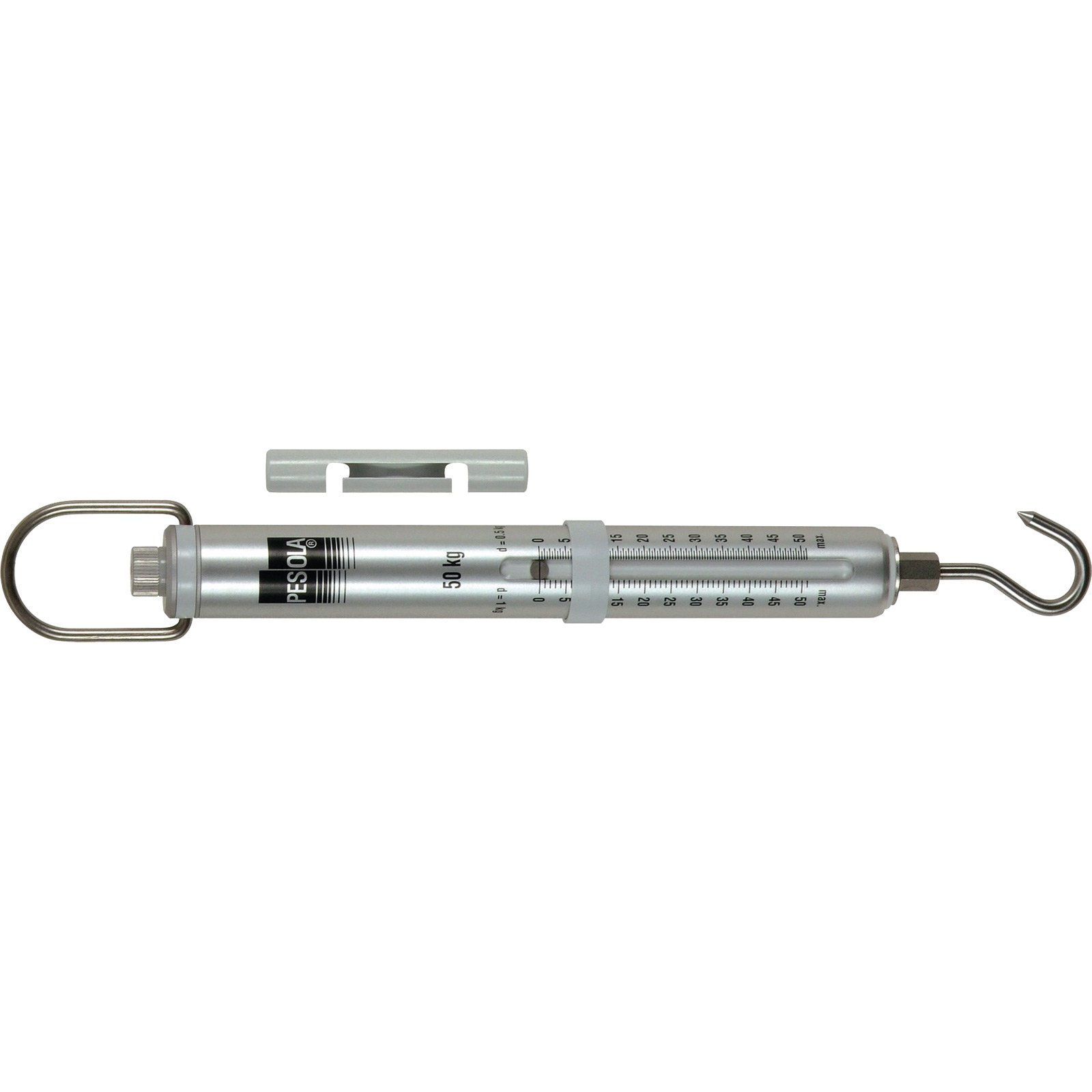 Ein silberner Federkraftmesser mit einem Haken und einer Skala von 0-50 kg.