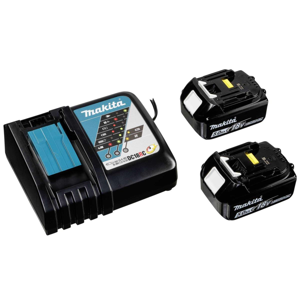 Ein Makita DC18RC Ladegerät mit zwei 18V 5.0Ah Akkus.