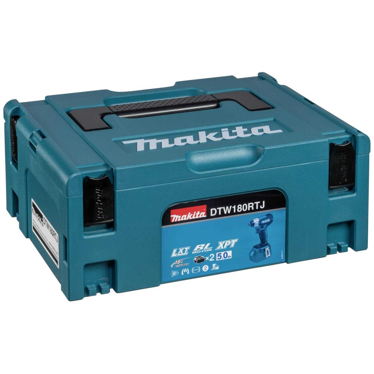 Eine türkise Makita-Werkzeugkiste mit Markennamen und Modell DTW180RTJ vorne.