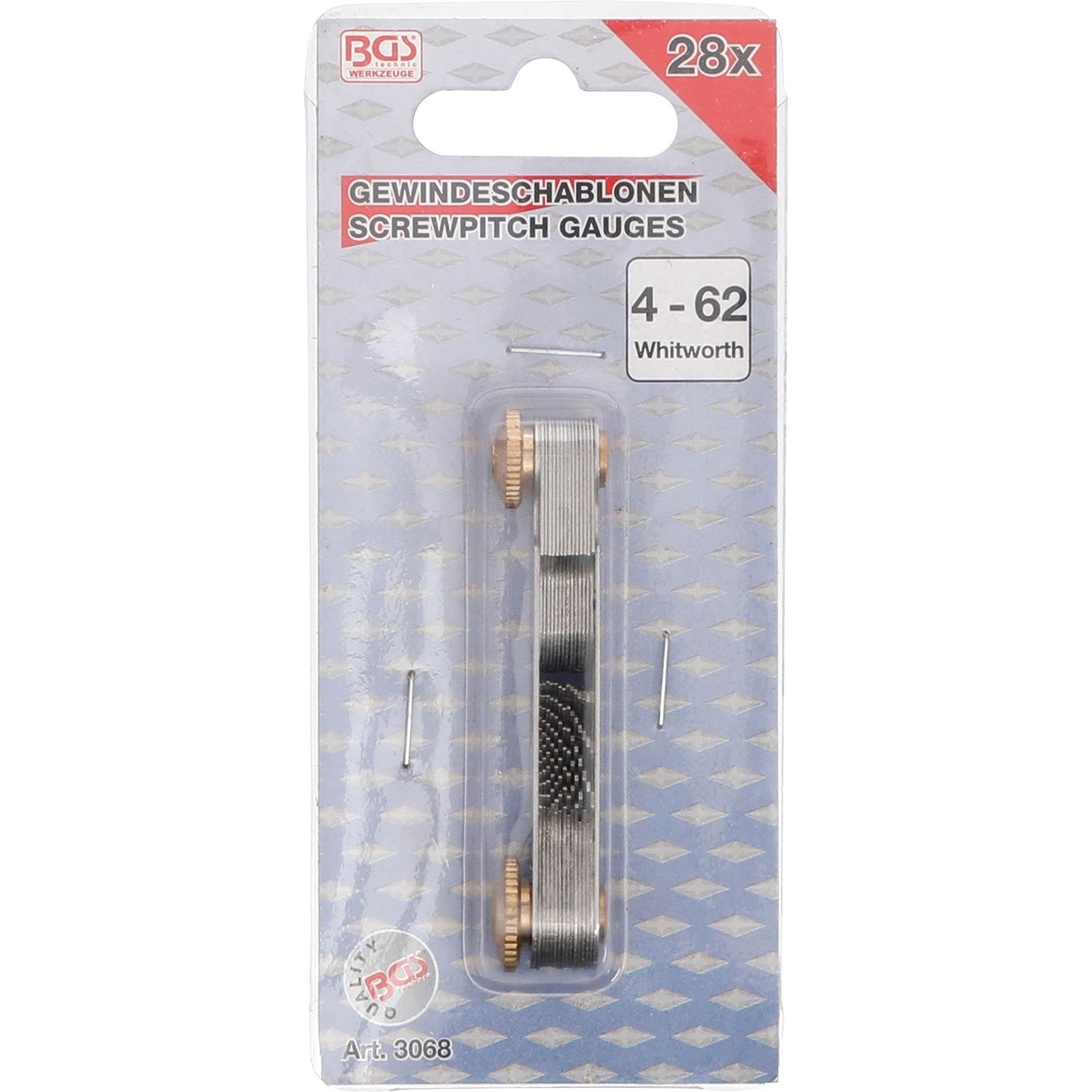 Verpackung mit 28x Gewindeschablonen, 4-62 Whitworth.