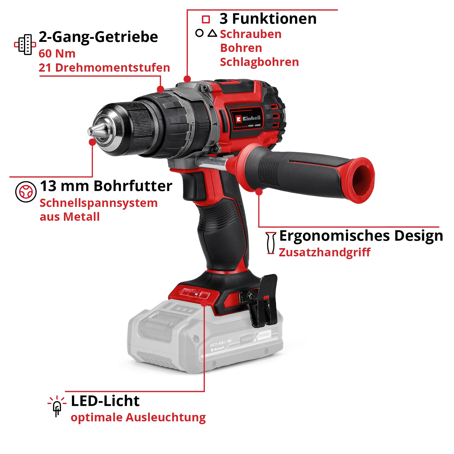 Trapano avvitatore a batteria rosso e nero con impugnatura supplementare e luce LED.