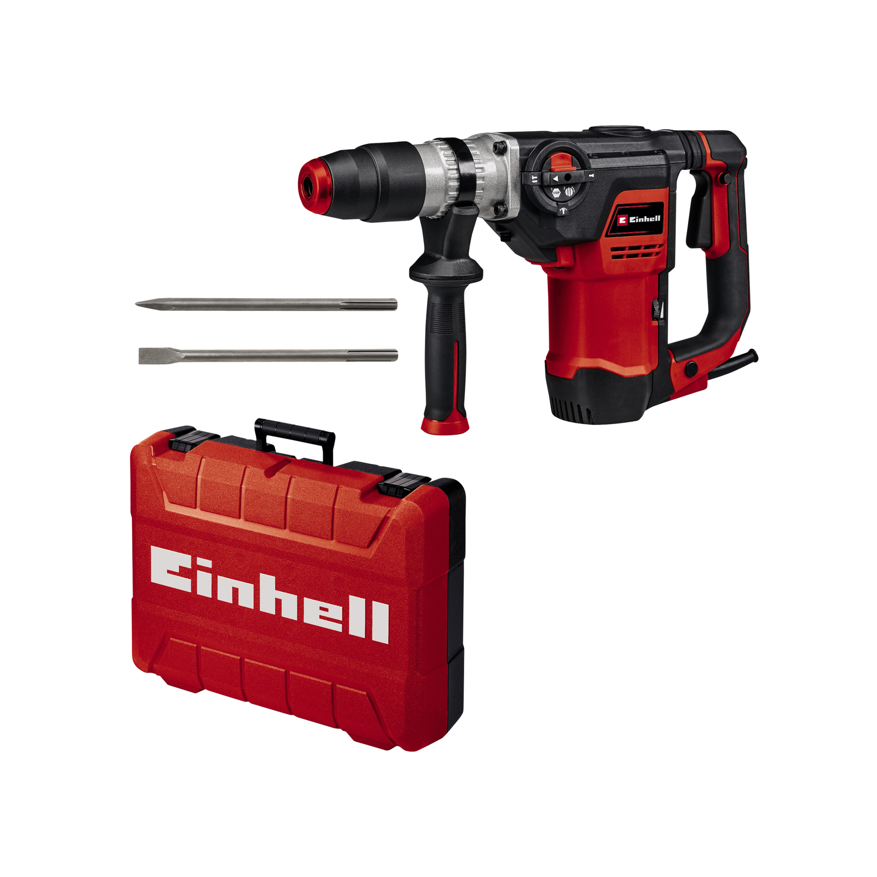 Martello perforatore rosso con valigetta e due scalpelli. Marca Einhell.