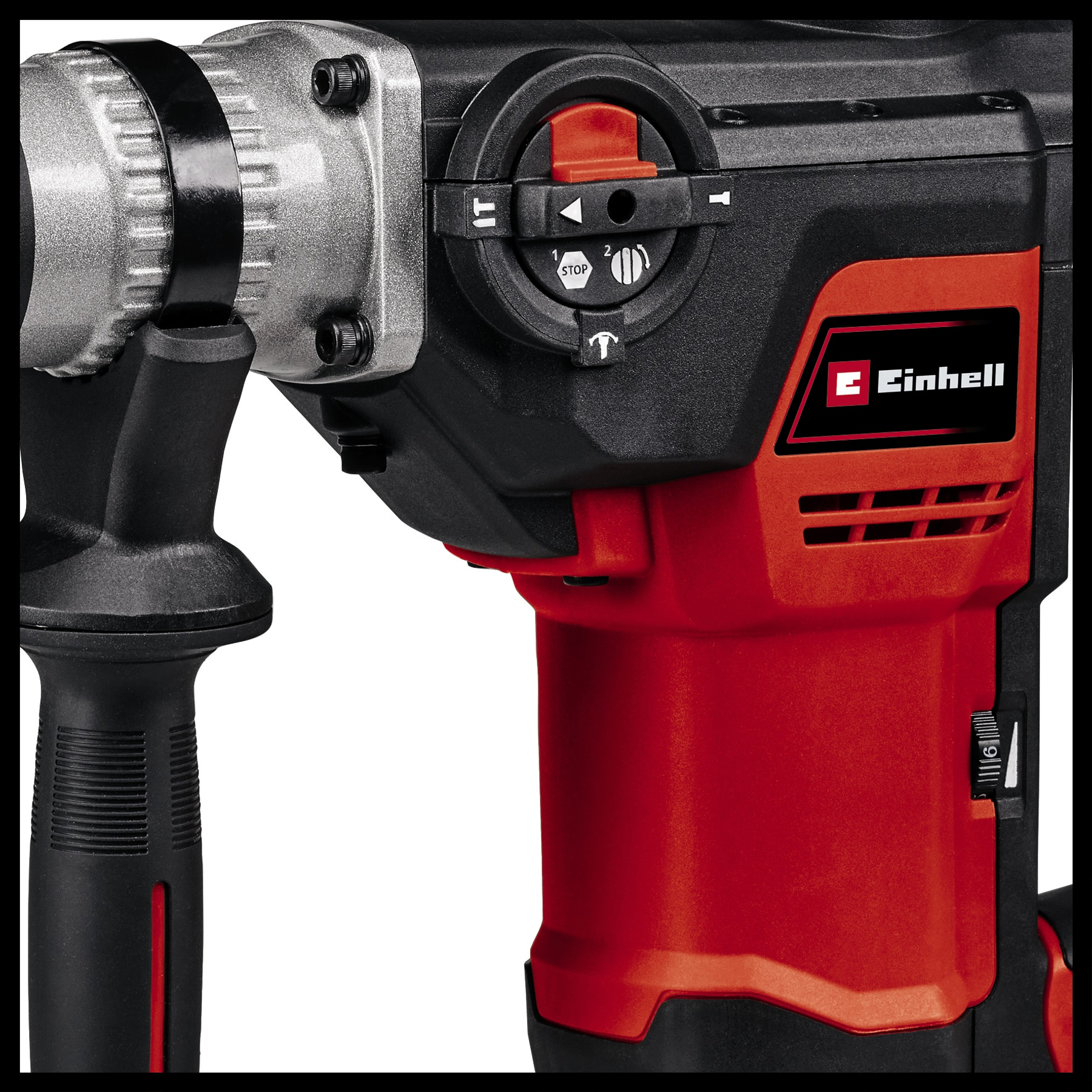 Primo piano di un martello demolitore rosso e nero con logo Einhell e controlli.
