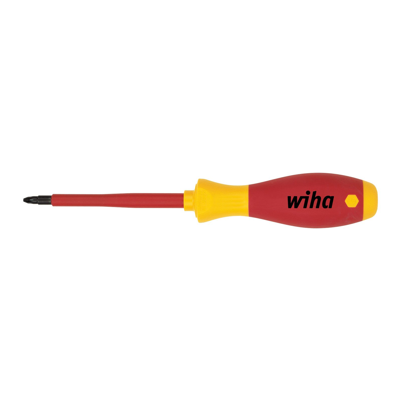 Un cacciavite rosso con manico giallo e punta nera.