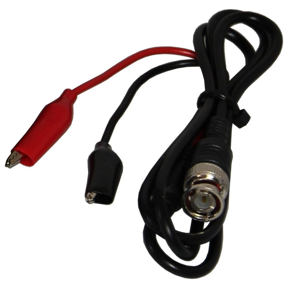 Ein schwarzes Kabel mit BNC-Anschluss, Krokodilklemmen (rot und schwarz).